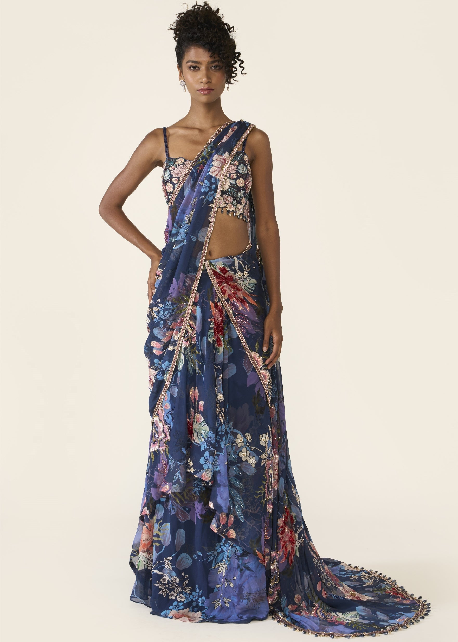 Blue Printed Concept Sari Set