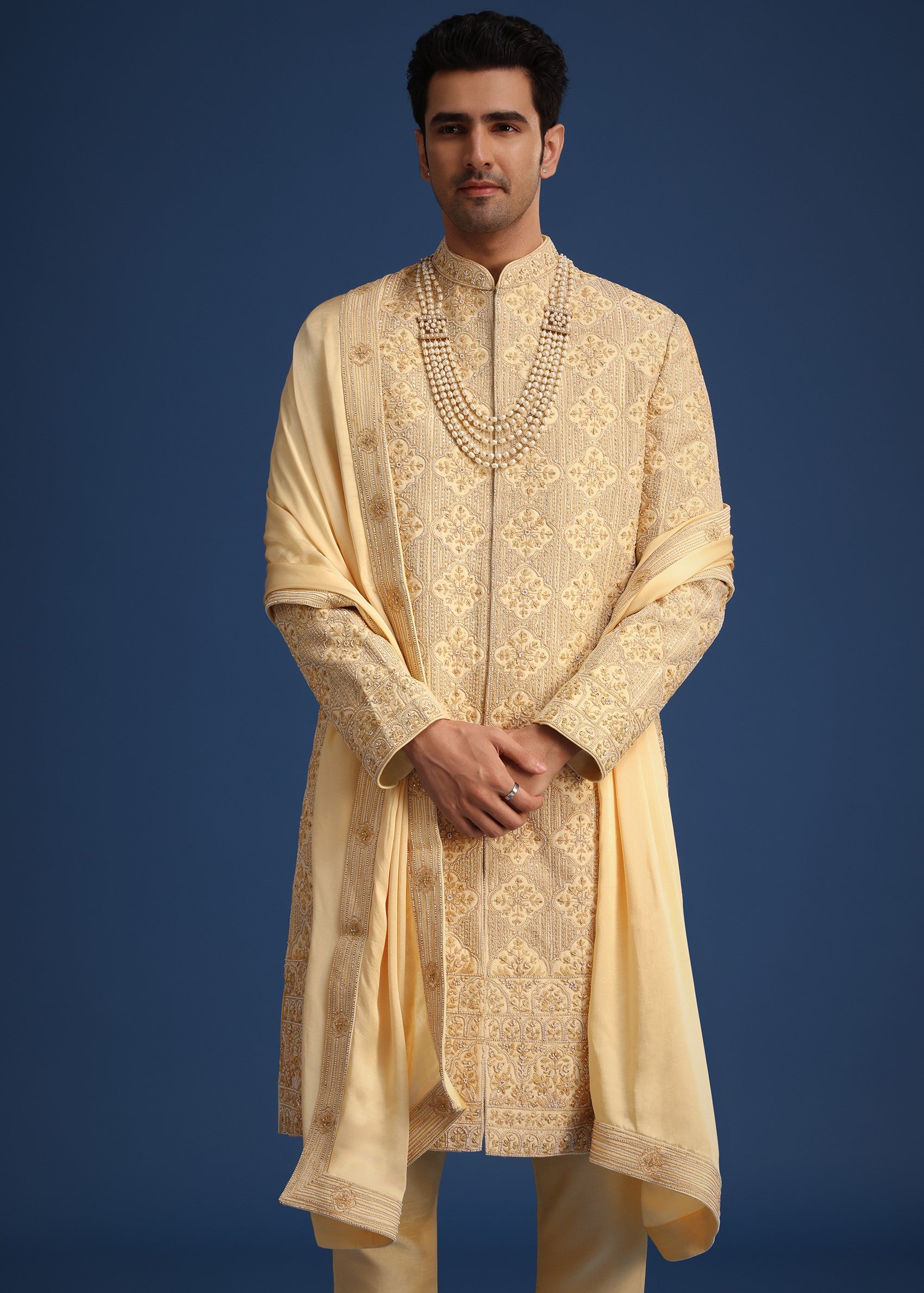 Gold Silk Embroidered Sherwani Set