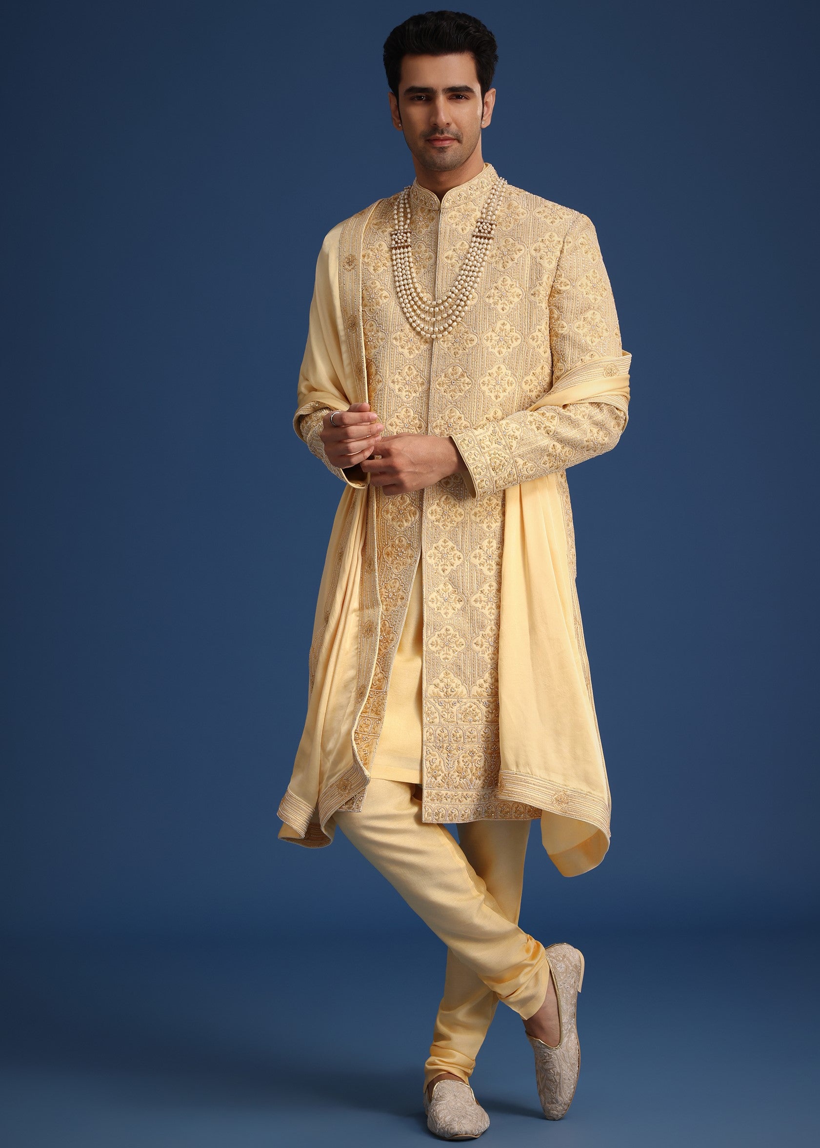 Gold Silk Embroidered Sherwani Set