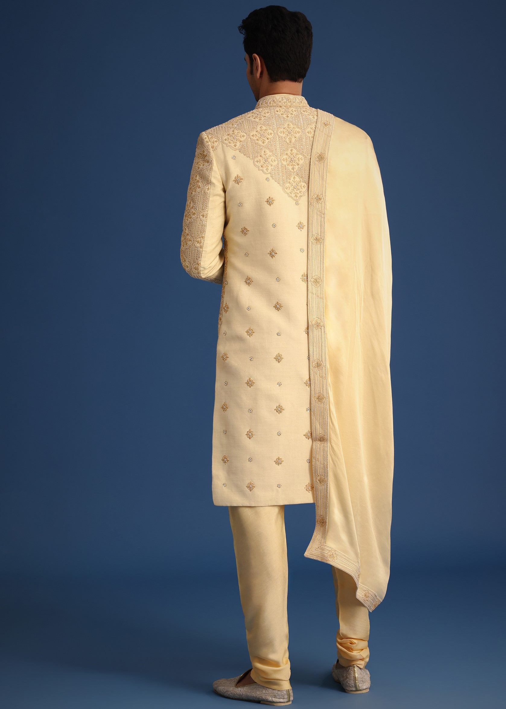 Gold Silk Embroidered Sherwani Set