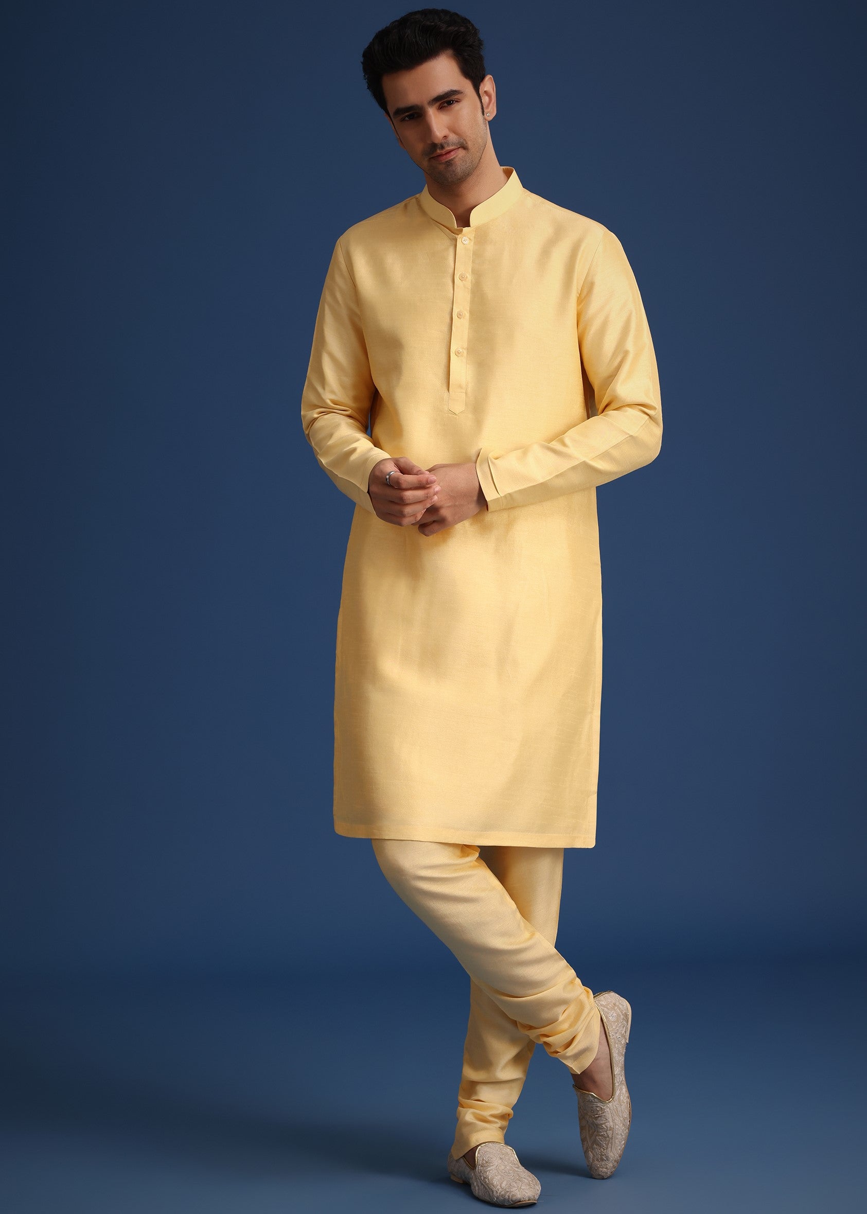 Gold Silk Embroidered Sherwani Set
