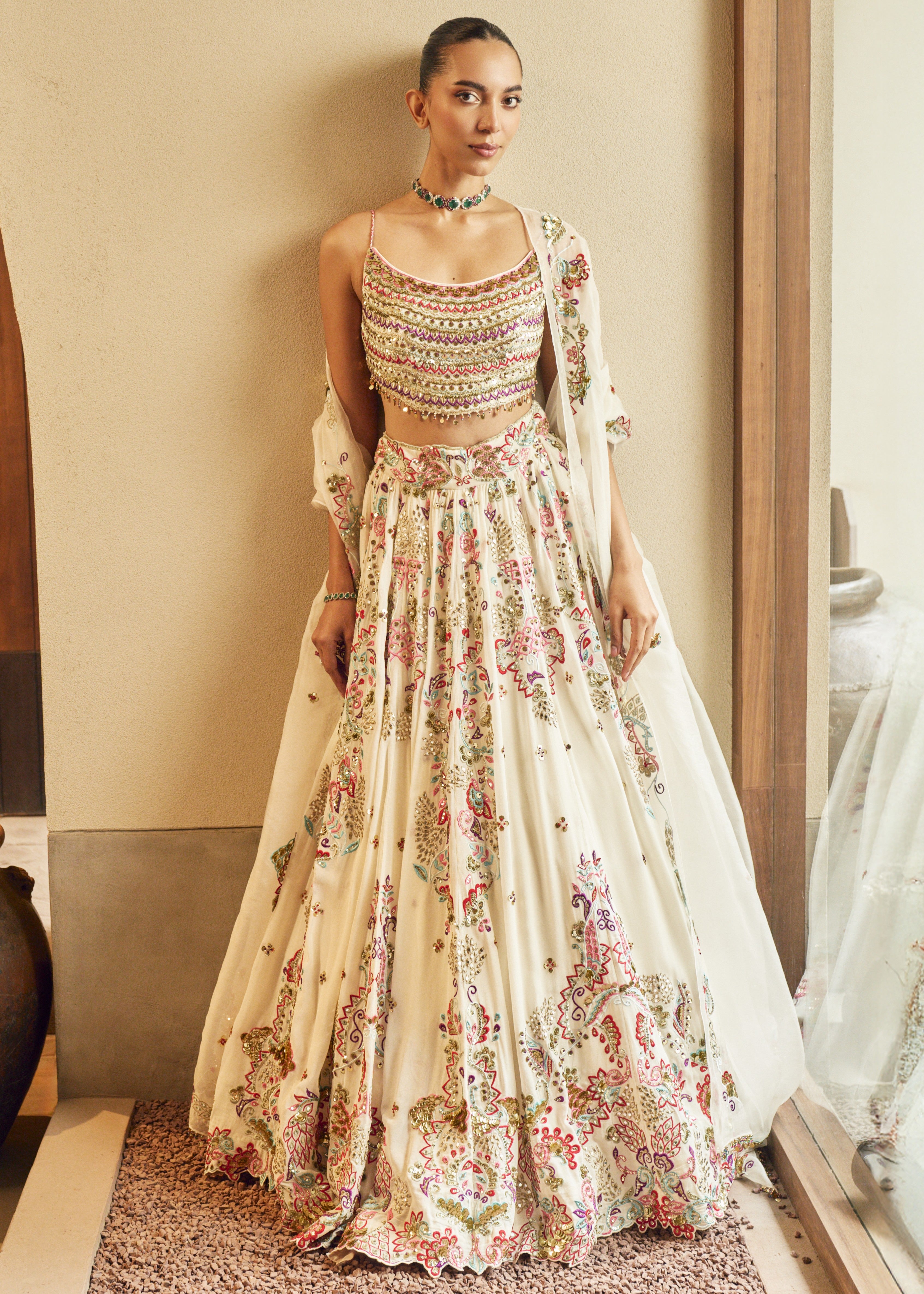 Ivory Lehenga Set with Multi-Colored Embroidery