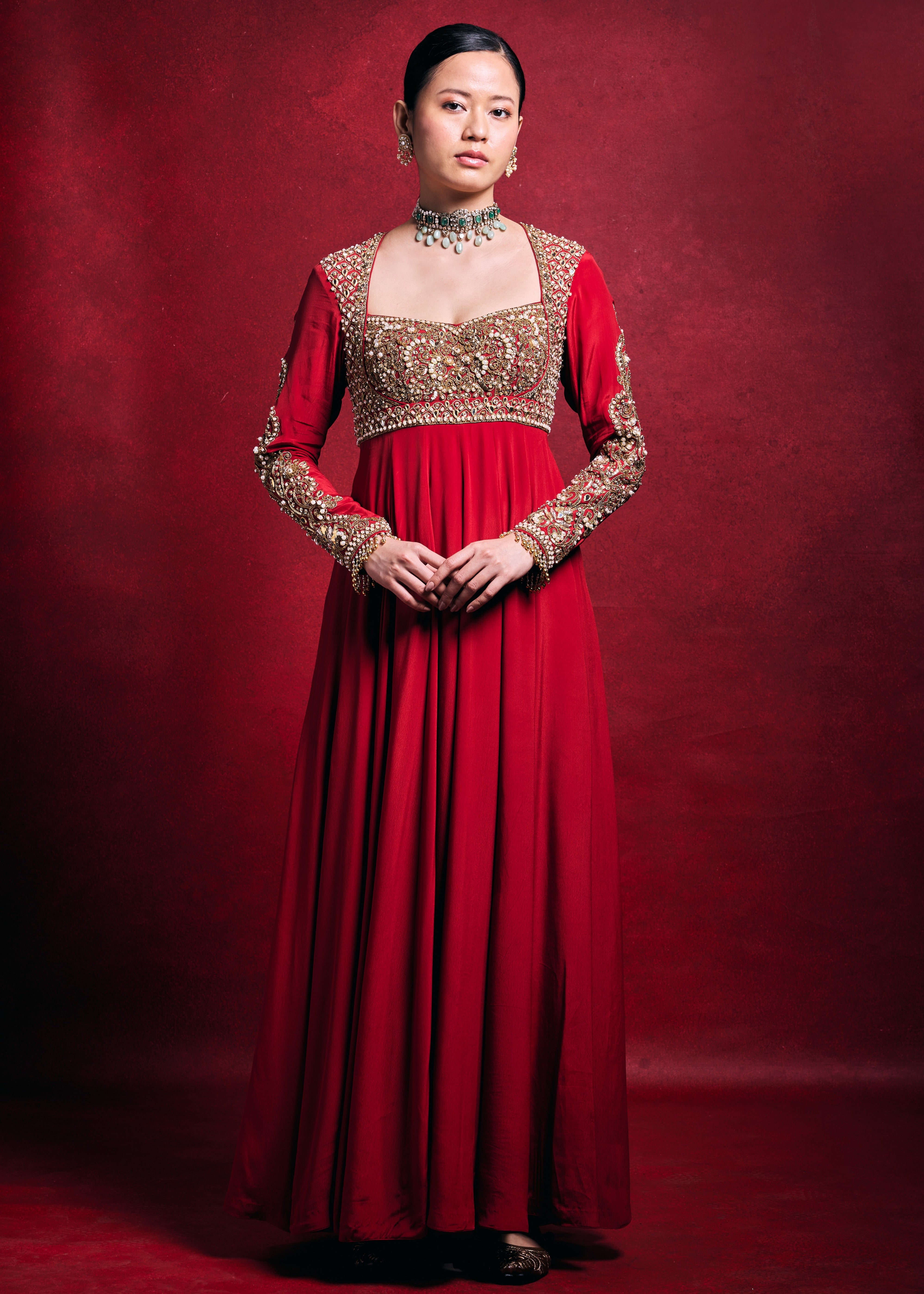 Red Crepe Anarkali Set