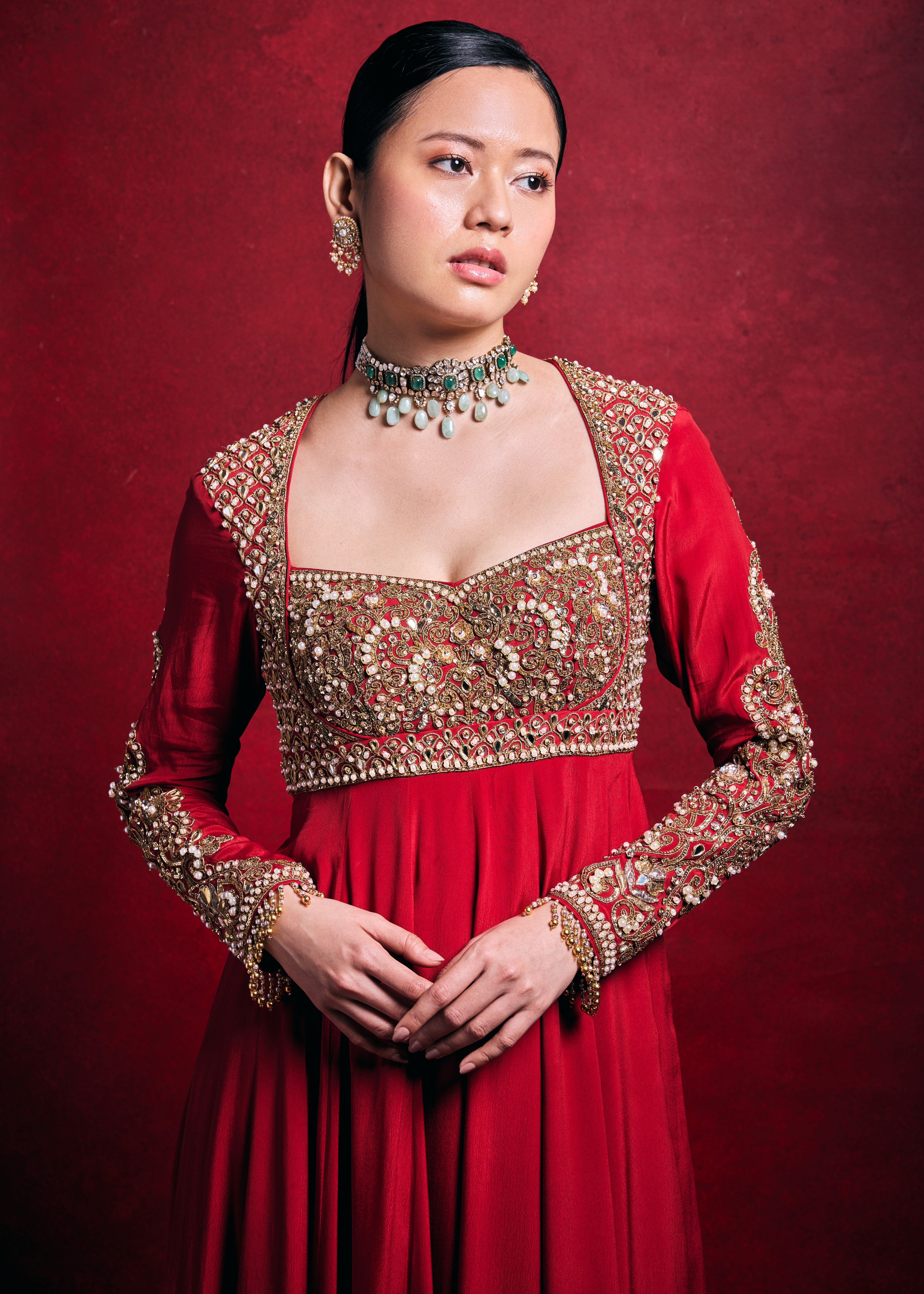 Red Crepe Anarkali Set