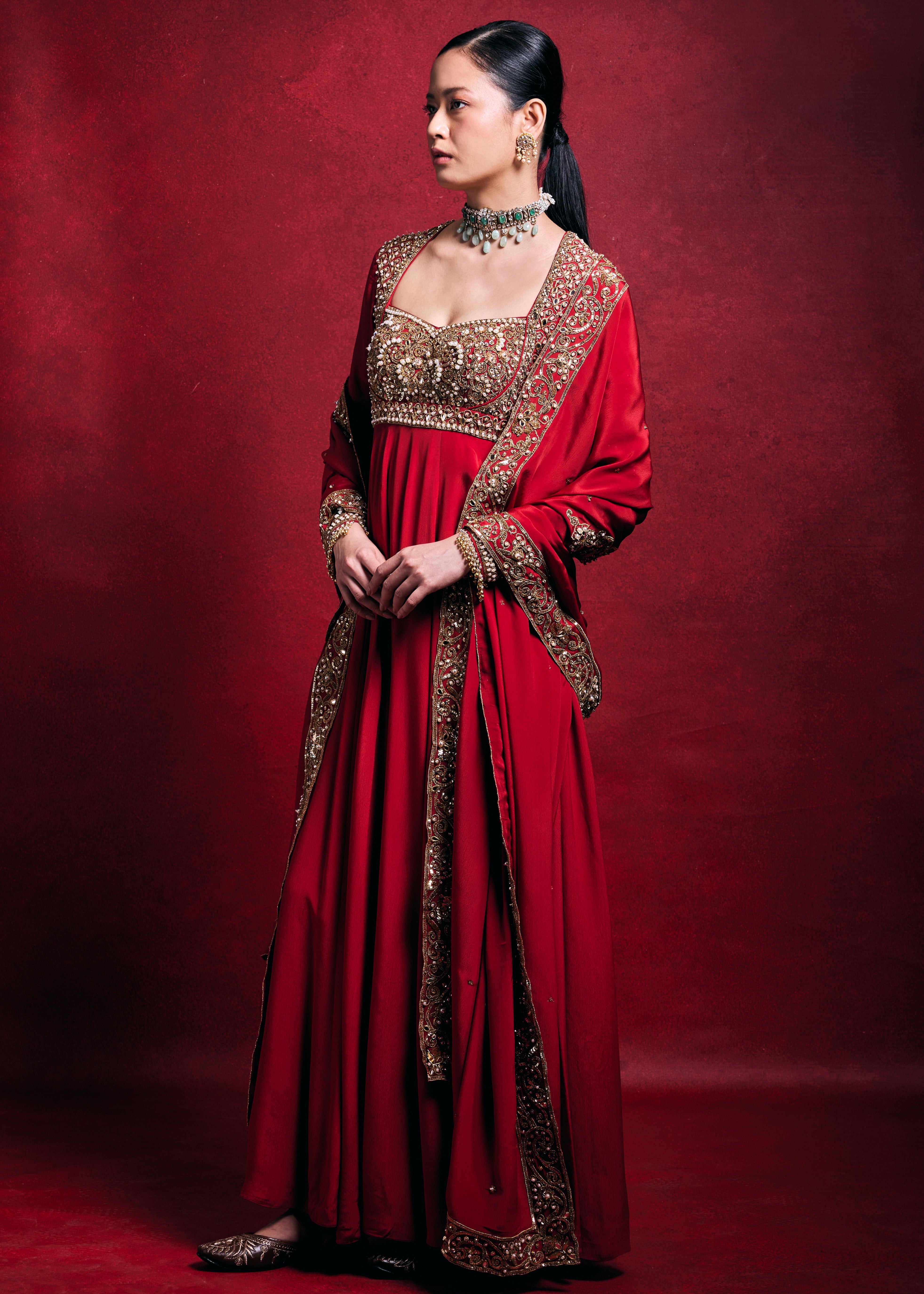Red Crepe Anarkali Set