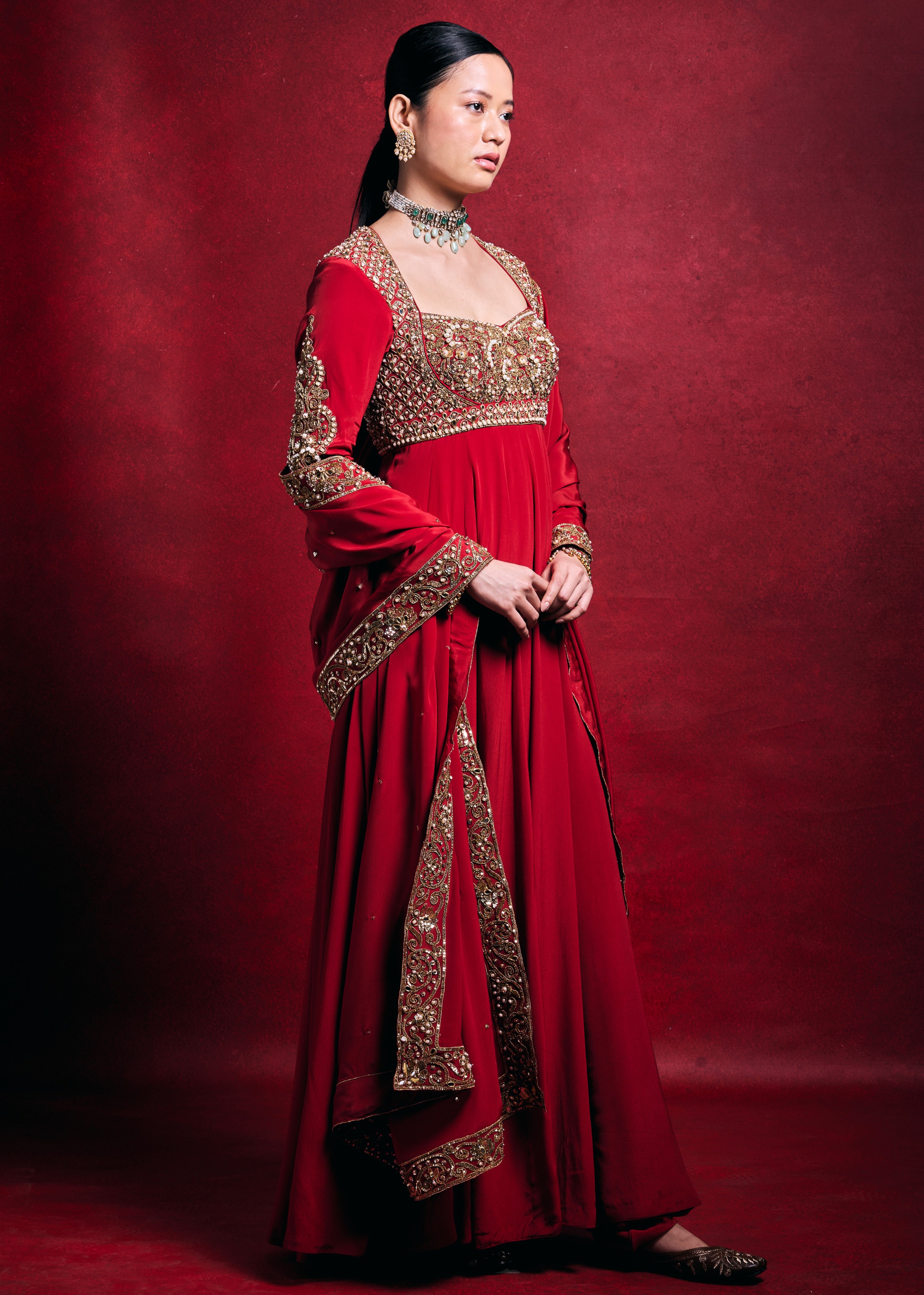 Red Crepe Anarkali Set
