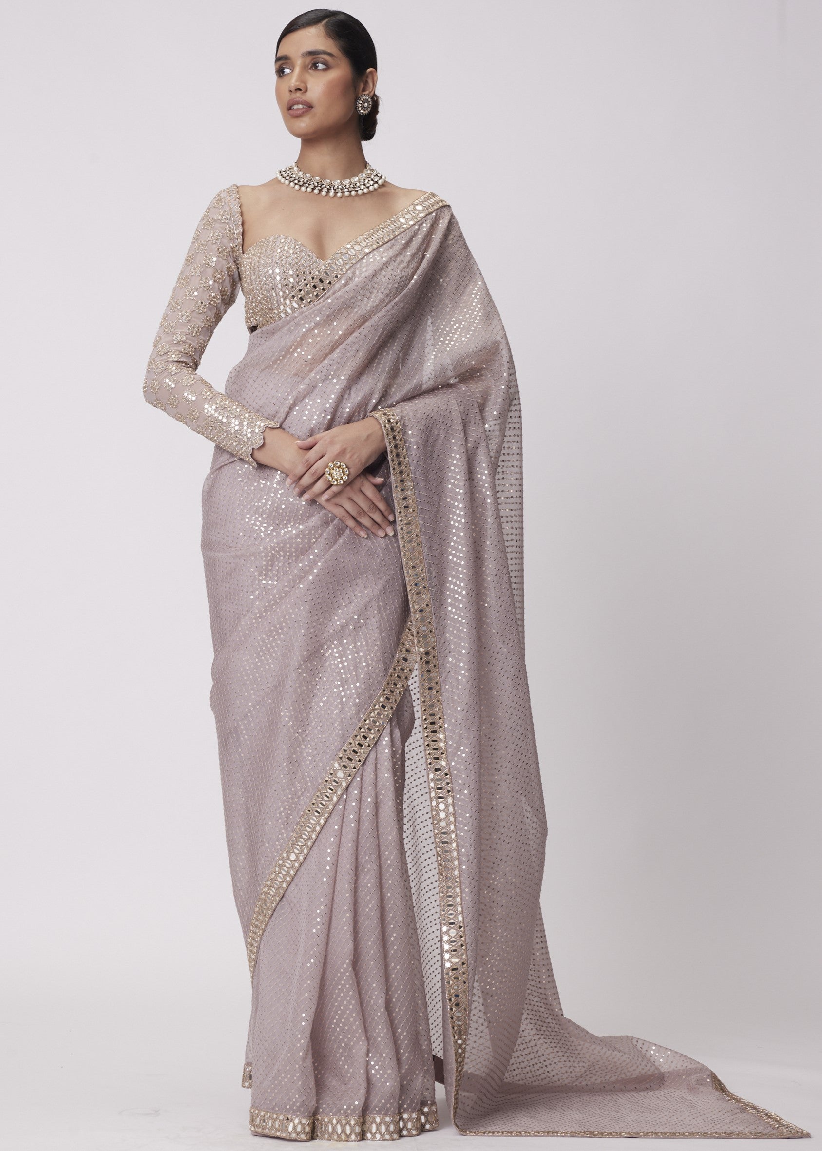 Ash Pink Hand Embroidered Organza Sari Set