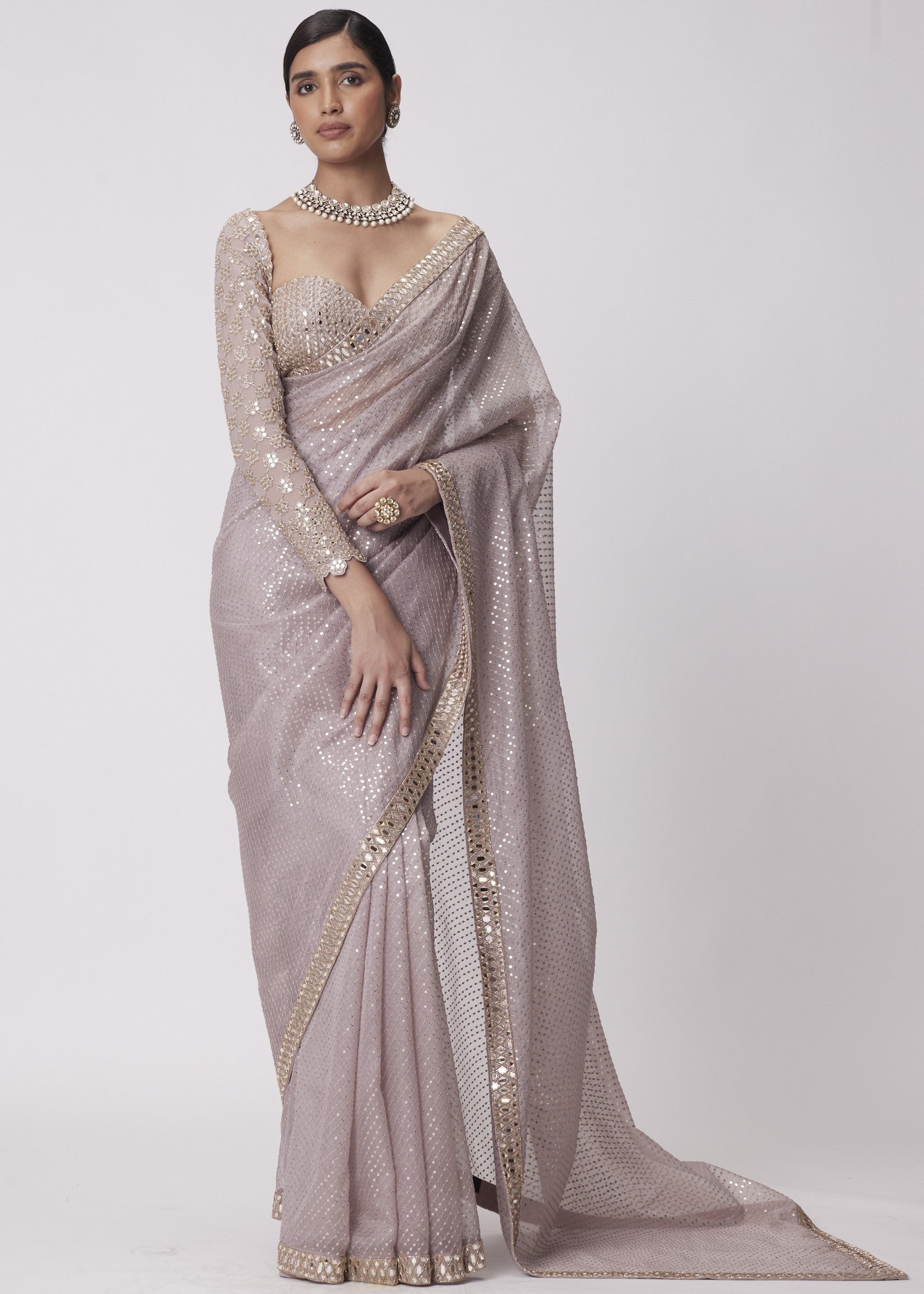 Ash Pink Hand Embroidered Organza Sari Set