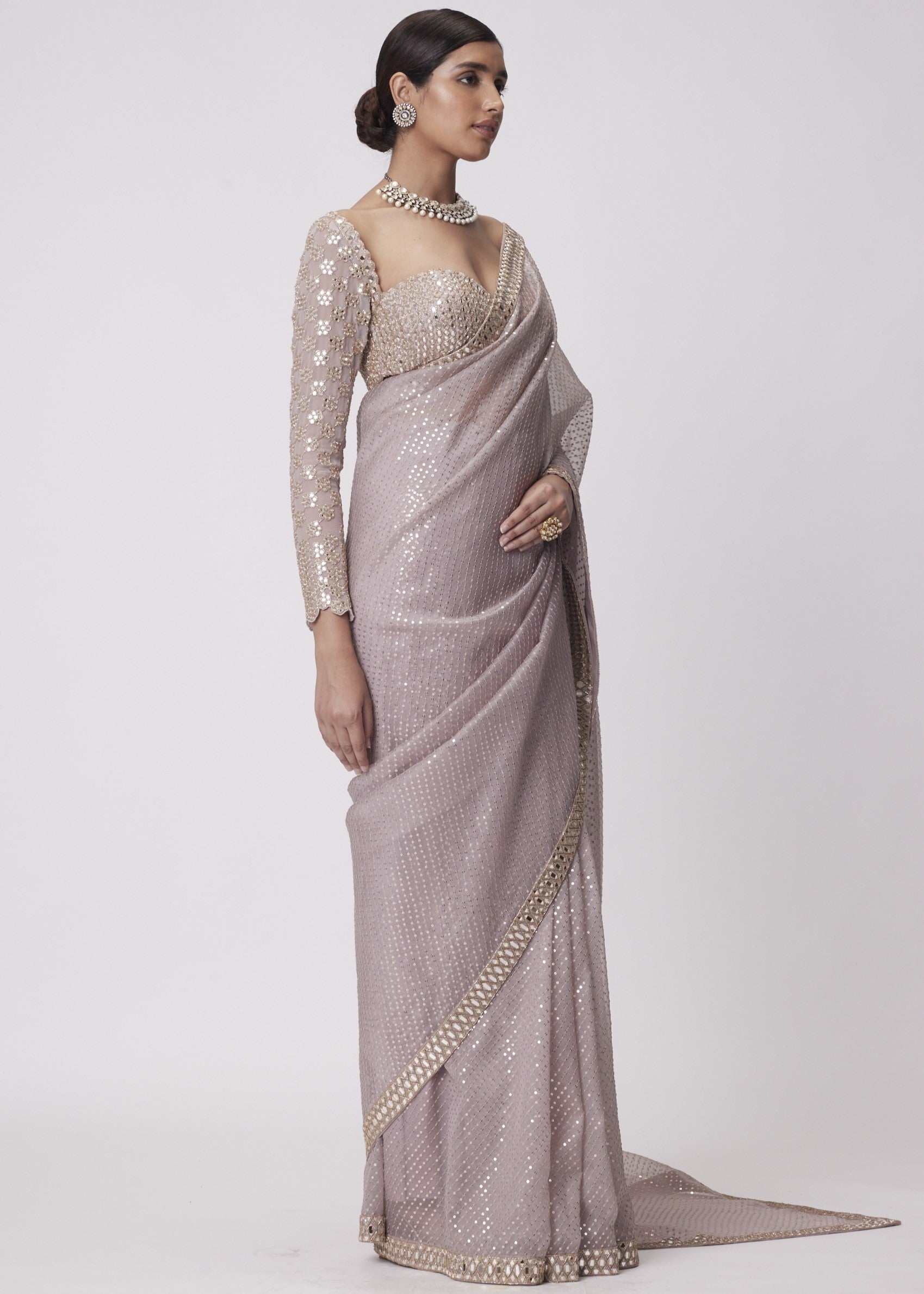 Ash Pink Hand Embroidered Organza Sari Set