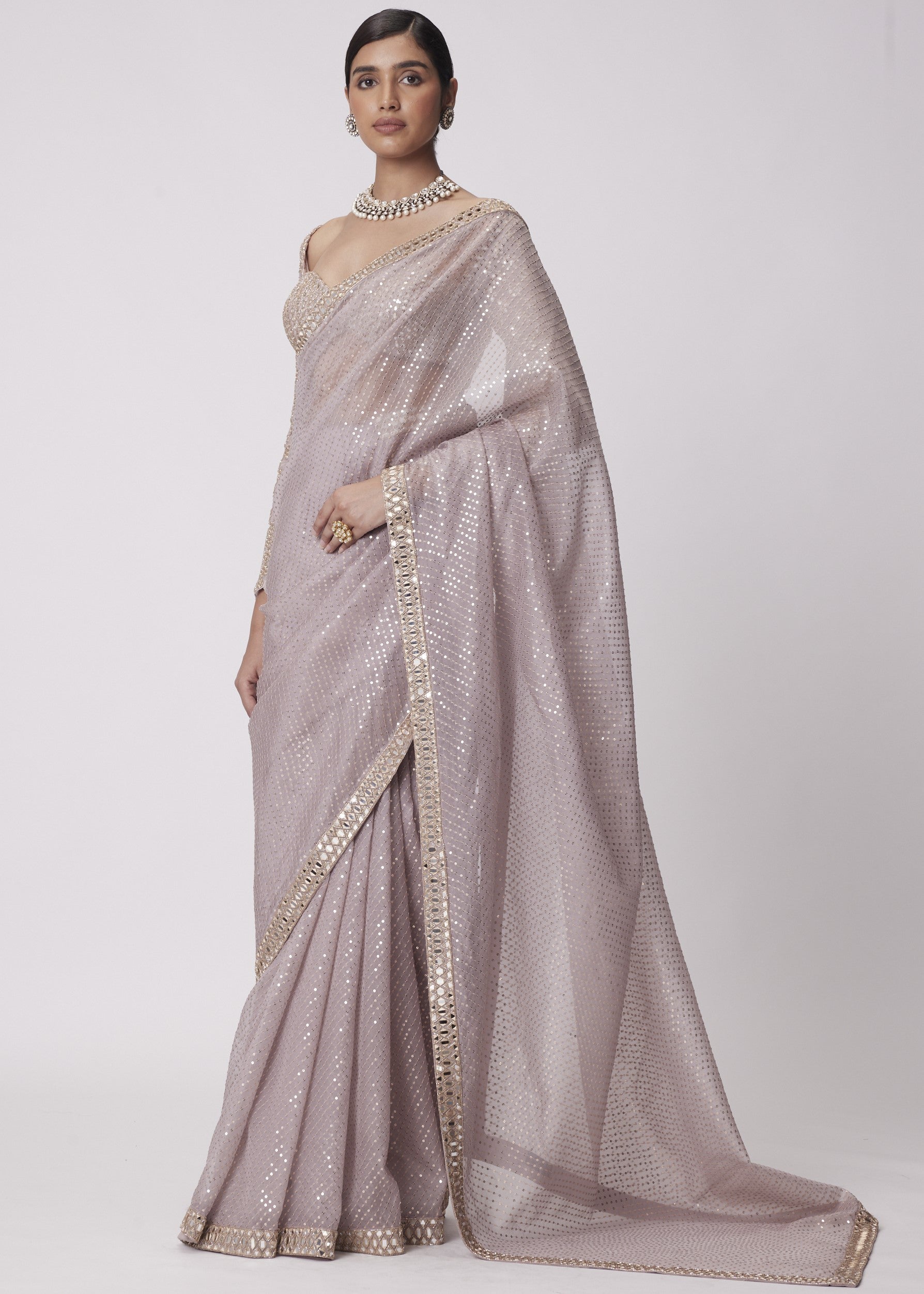 Ash Pink Hand Embroidered Organza Sari Set