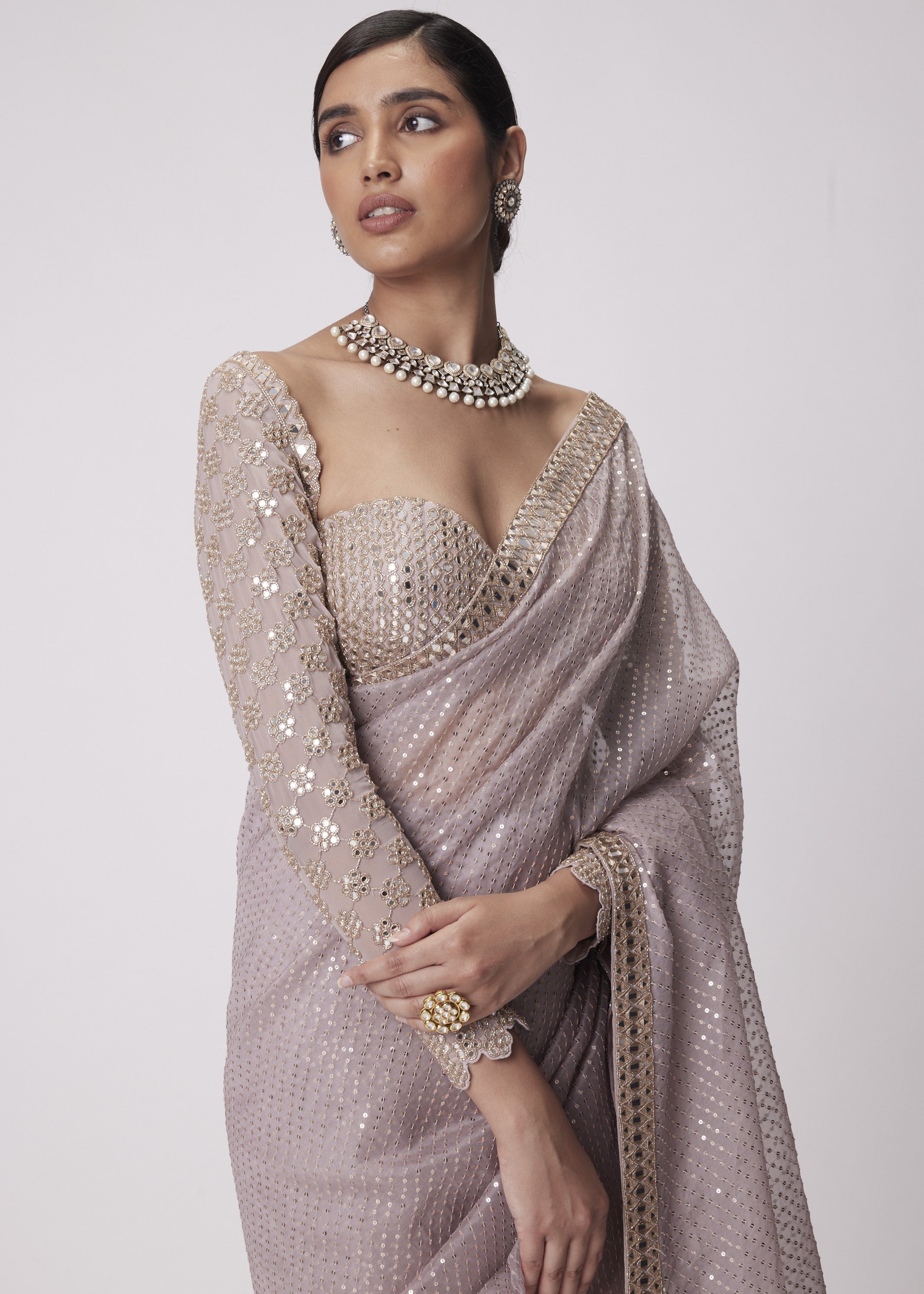 Ash Pink Hand Embroidered Organza Sari Set