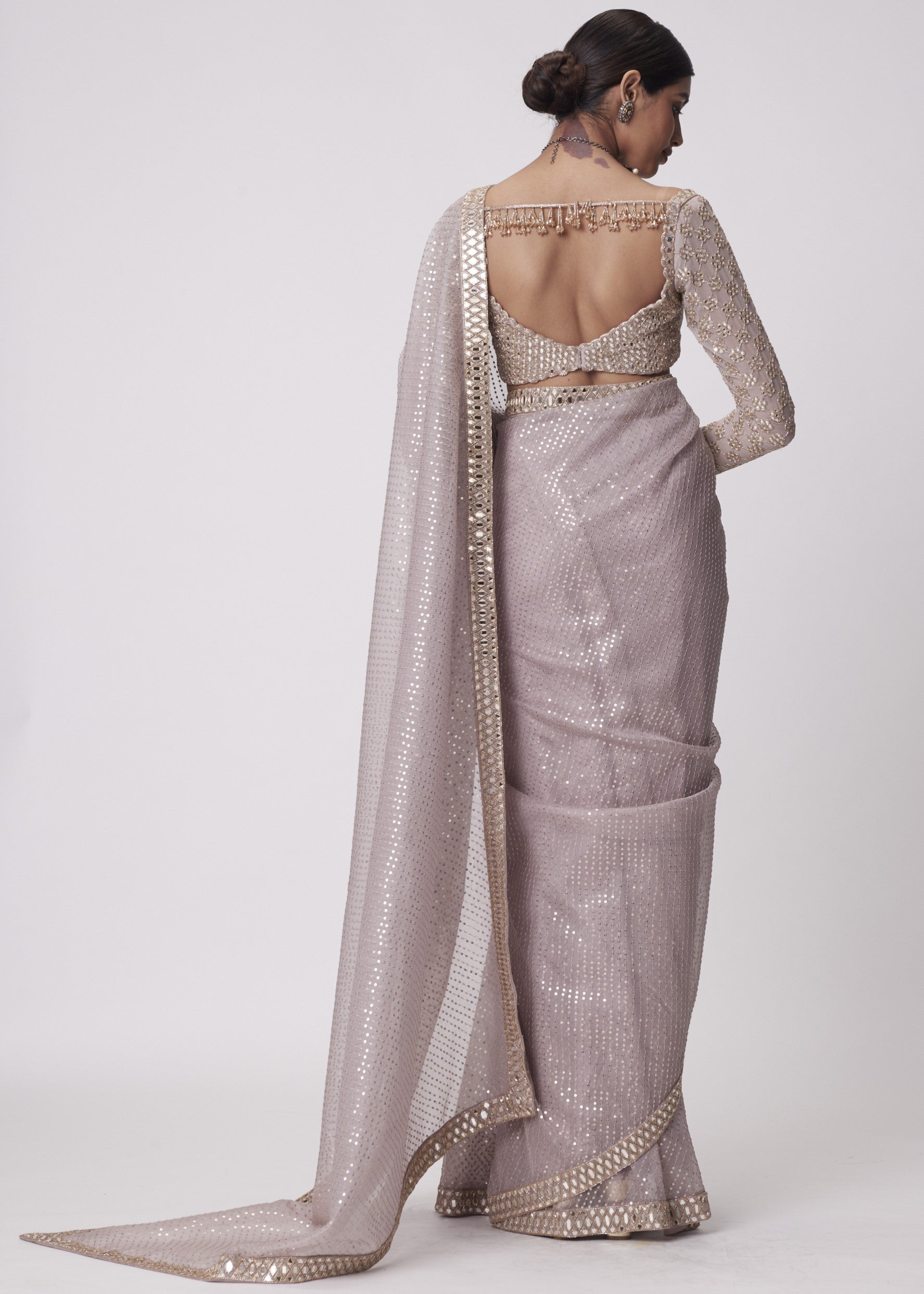 Ash Pink Hand Embroidered Organza Sari Set
