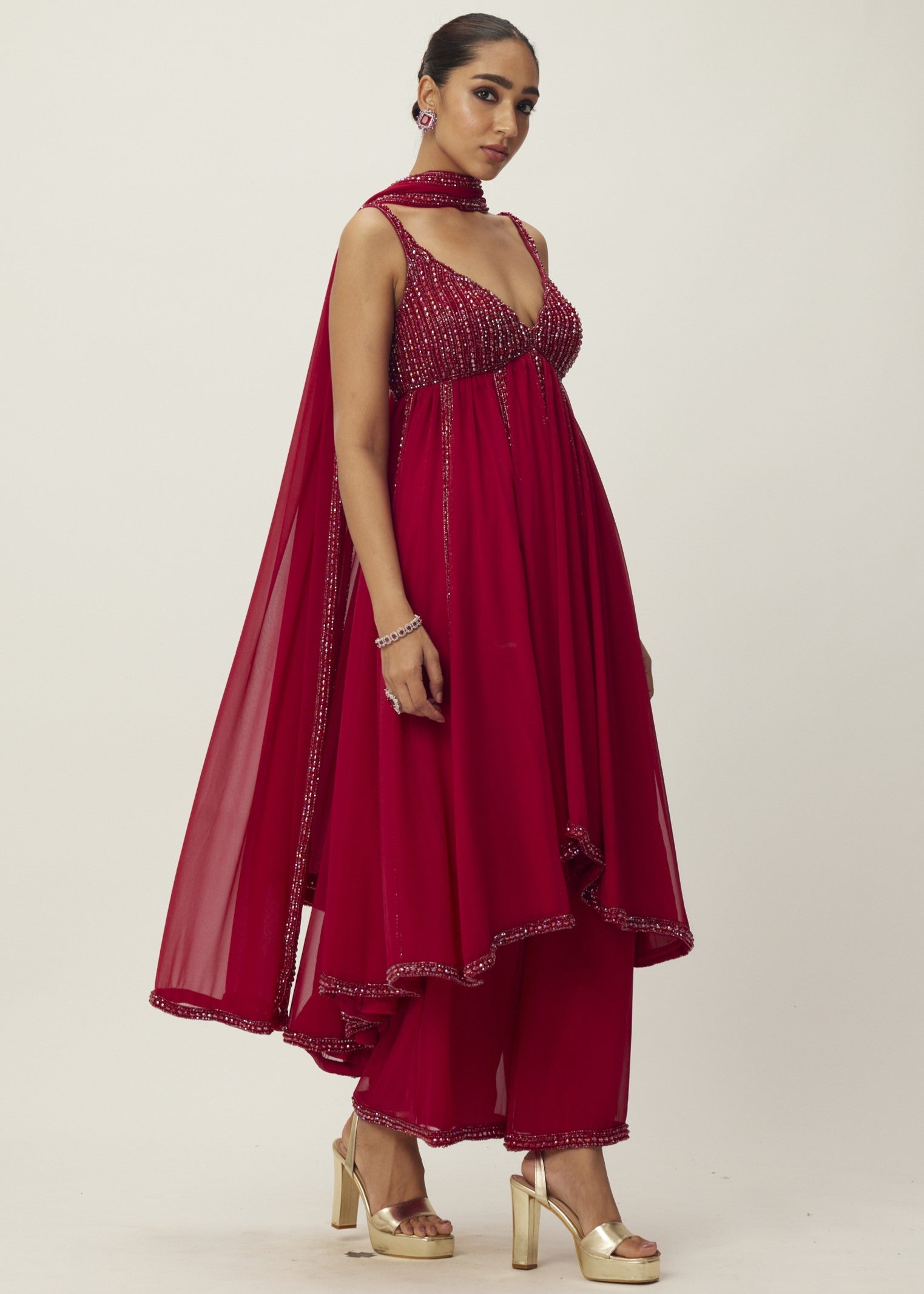 Ruby Red Crystal Embellished Kurta Set