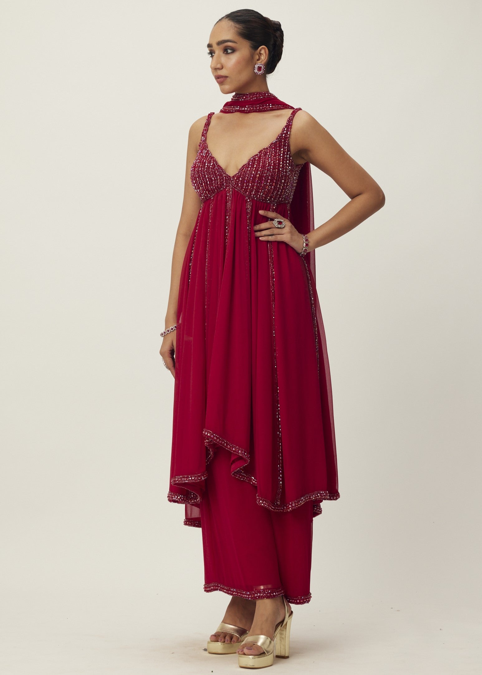 Ruby Red Crystal Embellished Kurta Set