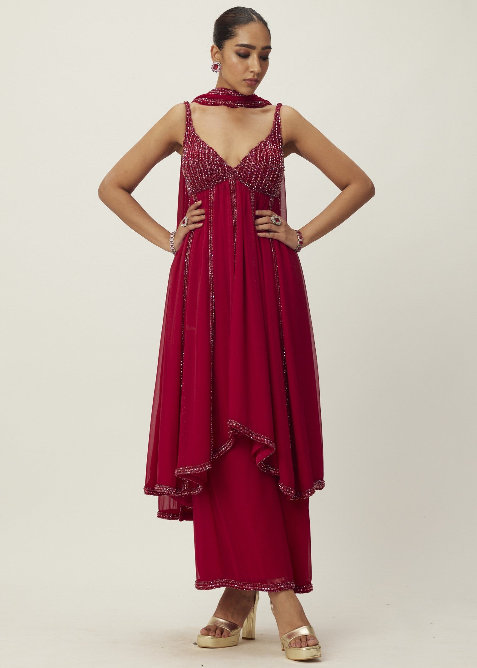 Ruby Red Crystal Embellished Kurta Set