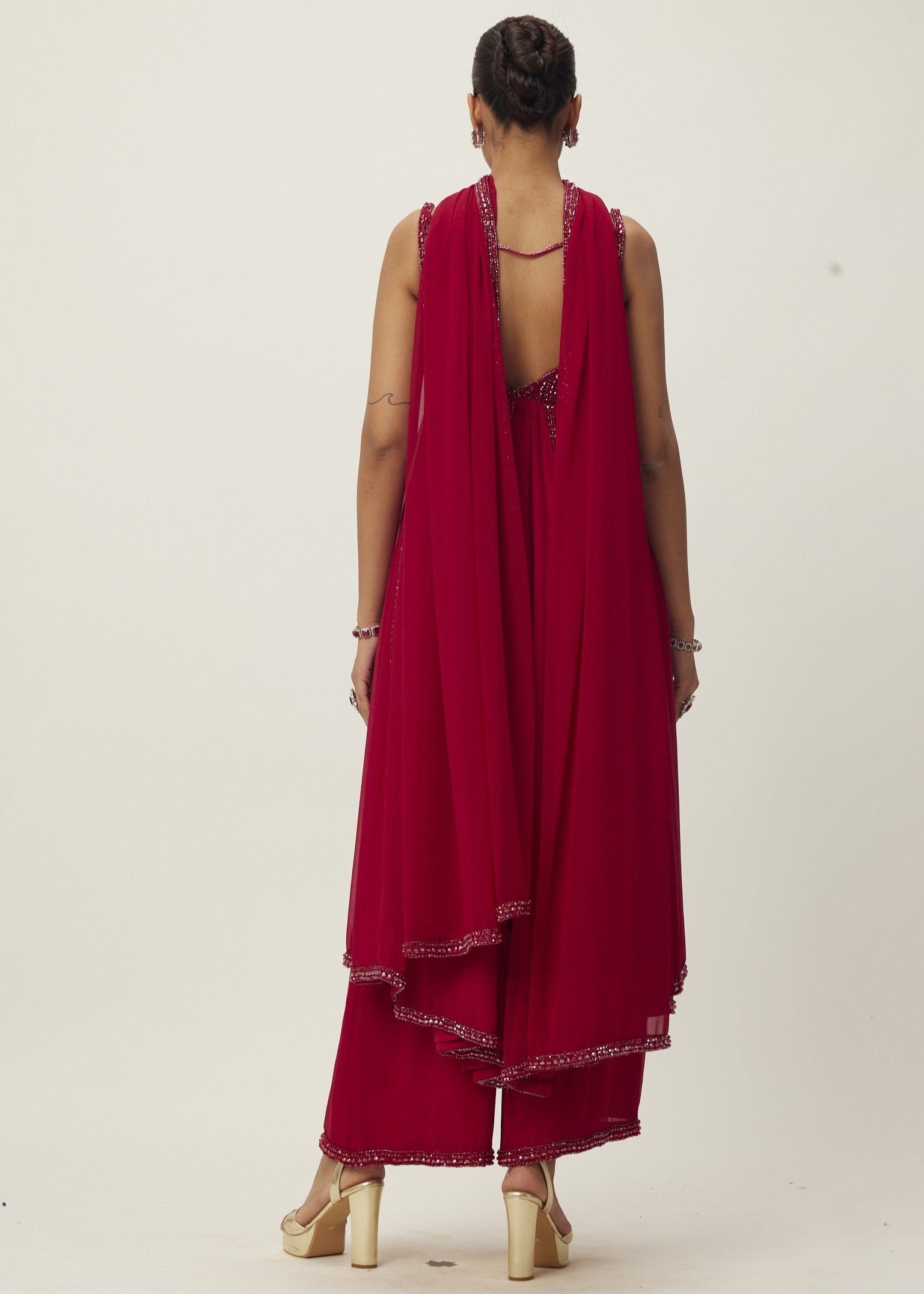 Ruby Red Crystal Embellished Kurta Set