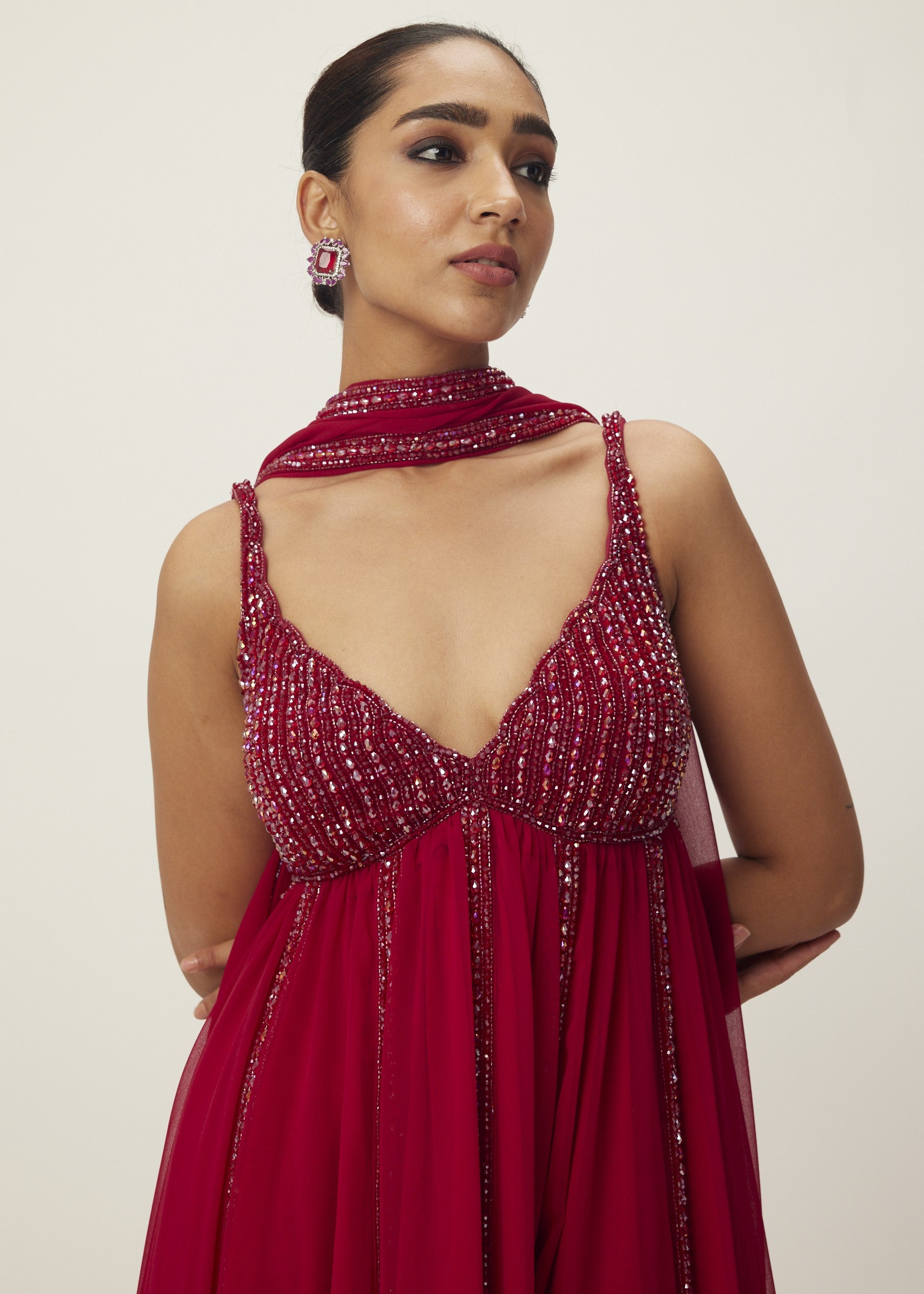 Ruby Red Crystal Embellished Kurta Set