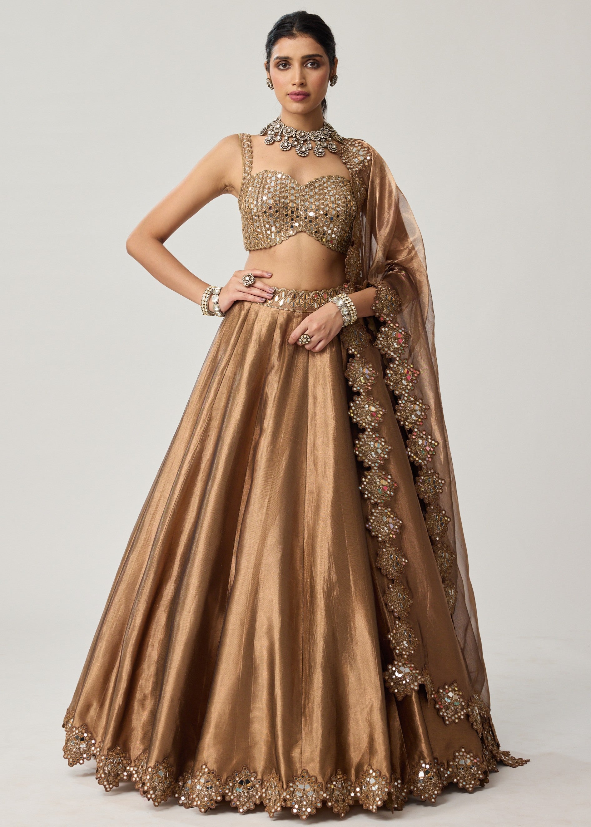 Copper Tissue Mirror Geometry Lehenga Set