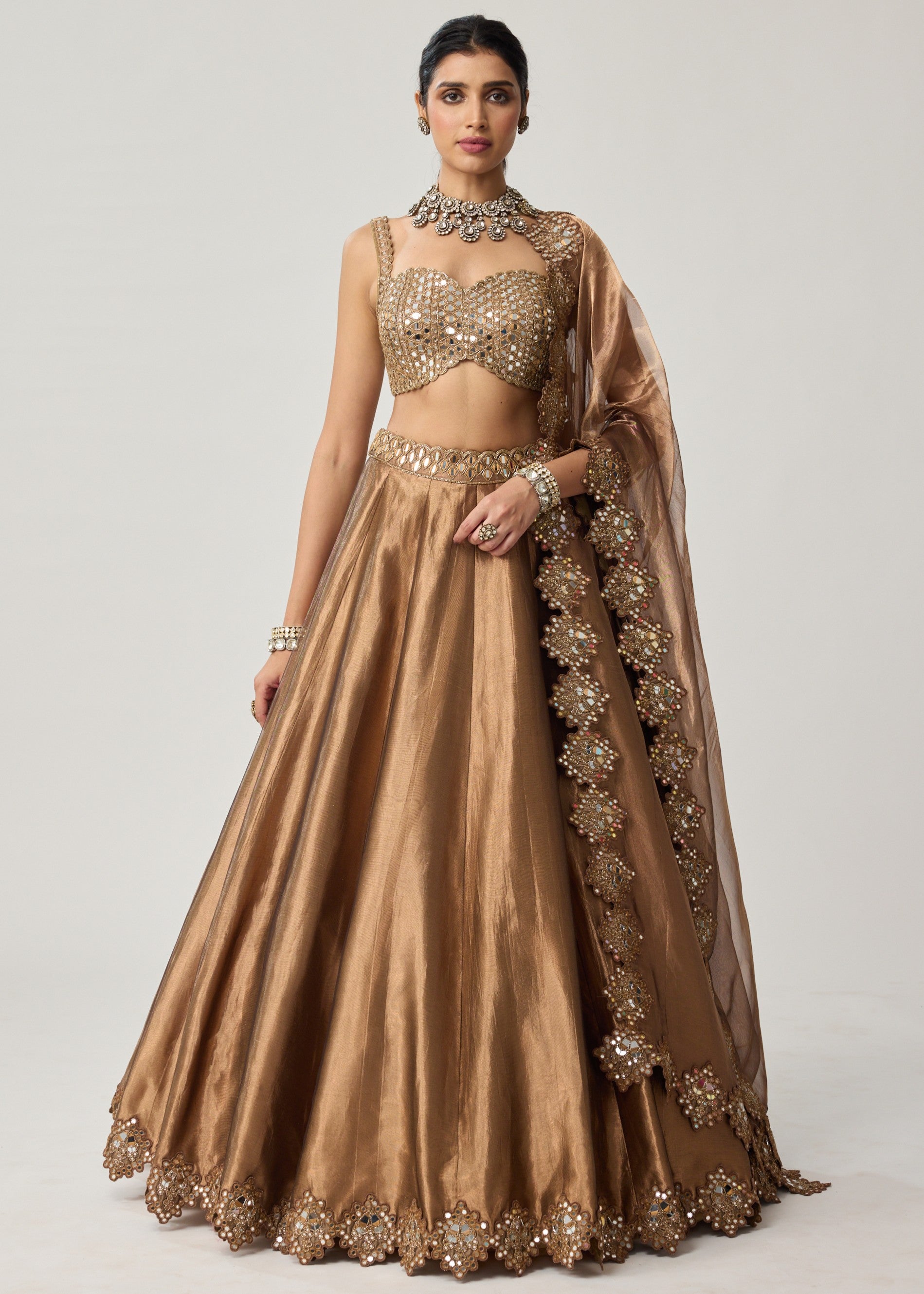Copper Tissue Mirror Geometry Lehenga Set