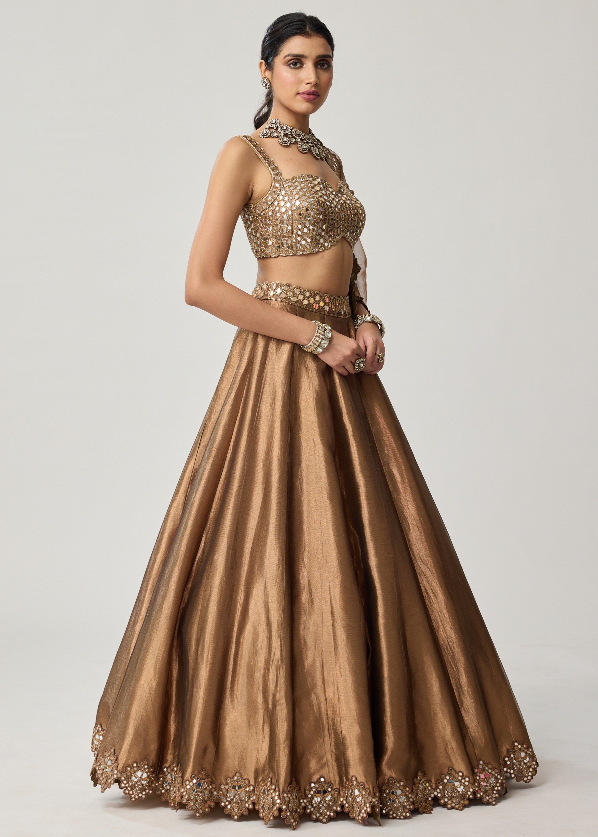 Copper Tissue Mirror Geometry Lehenga Set