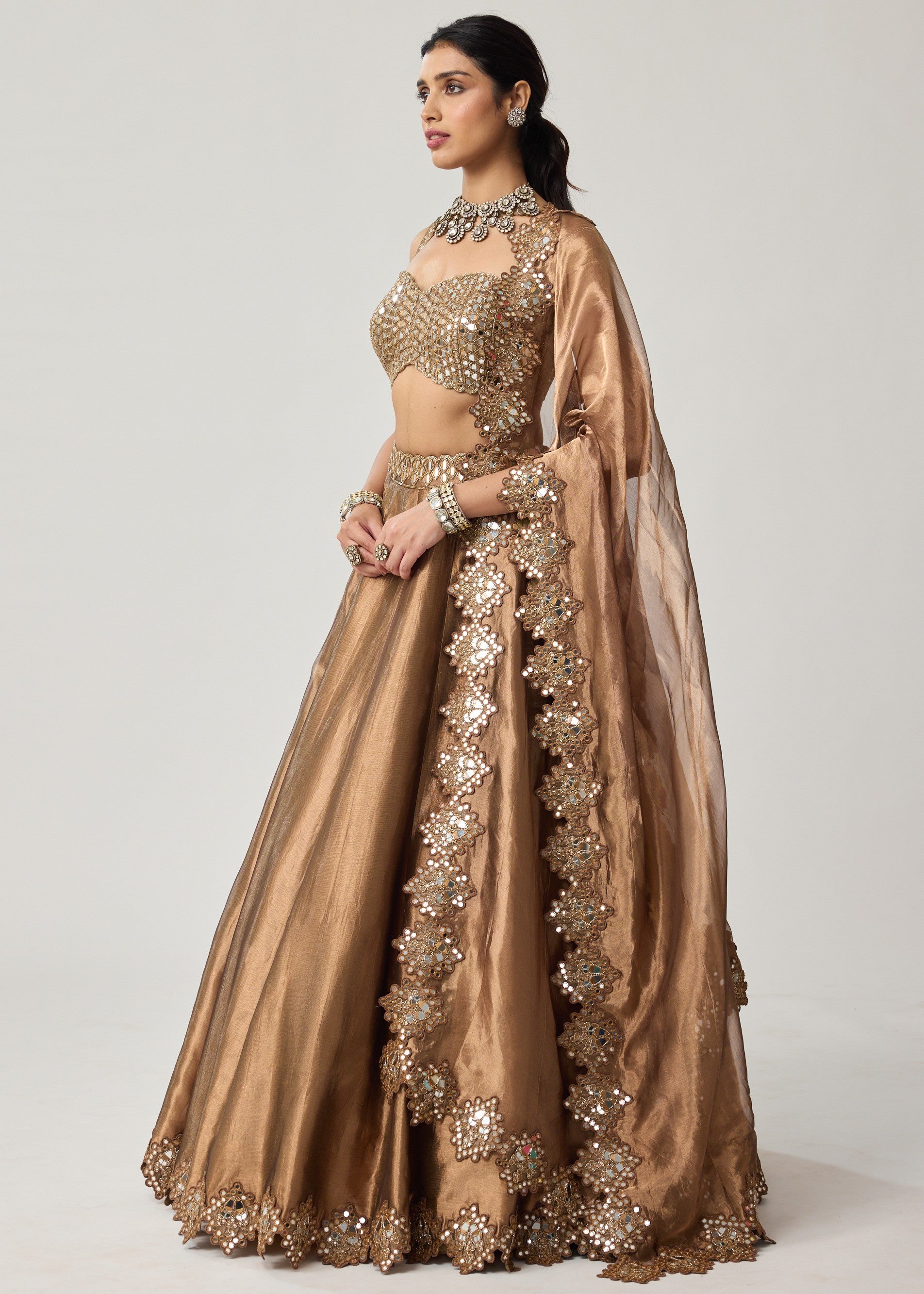 Copper Tissue Mirror Geometry Lehenga Set