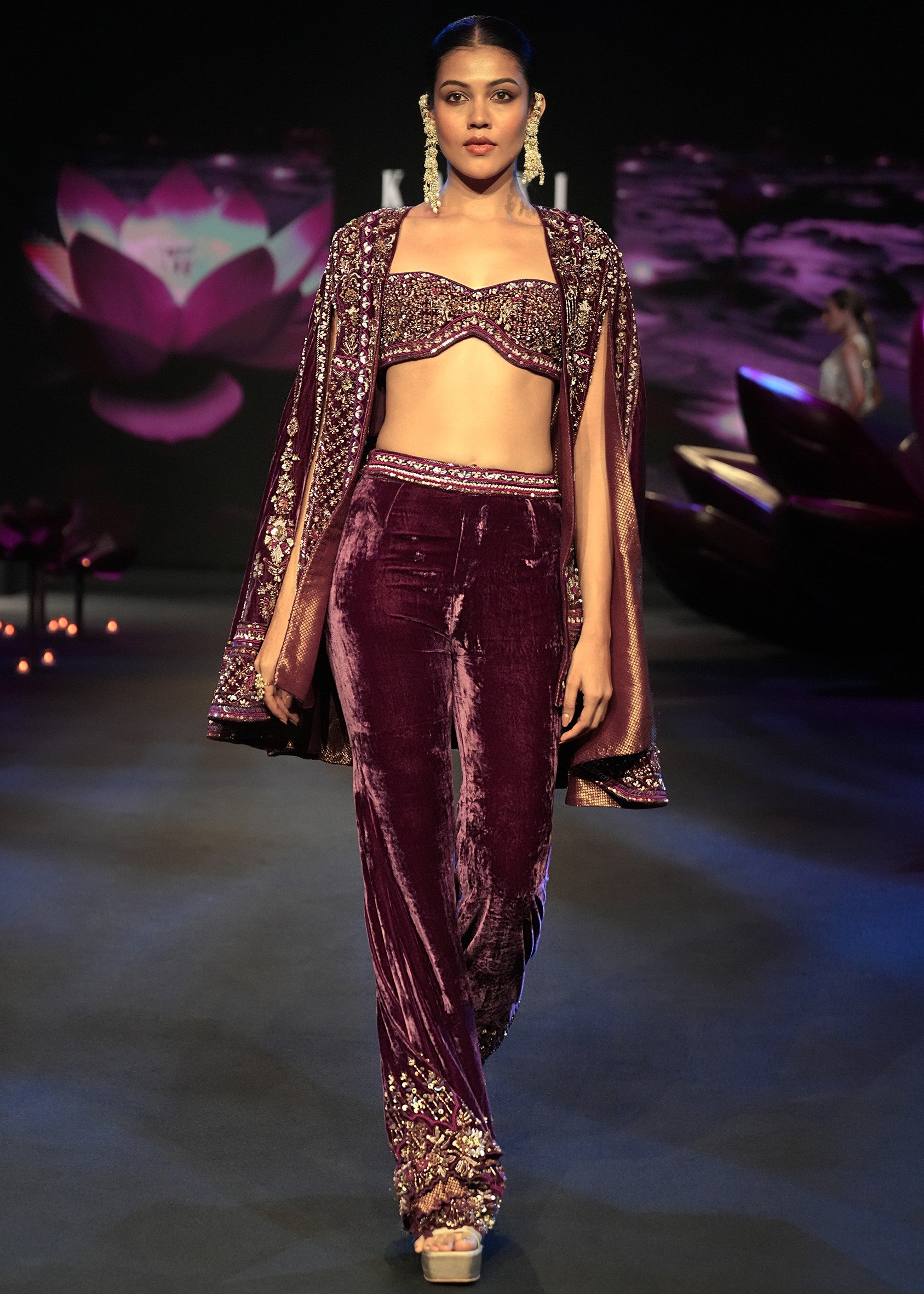 Deep Magenta Velvet Brocade Cape Jacket Suit