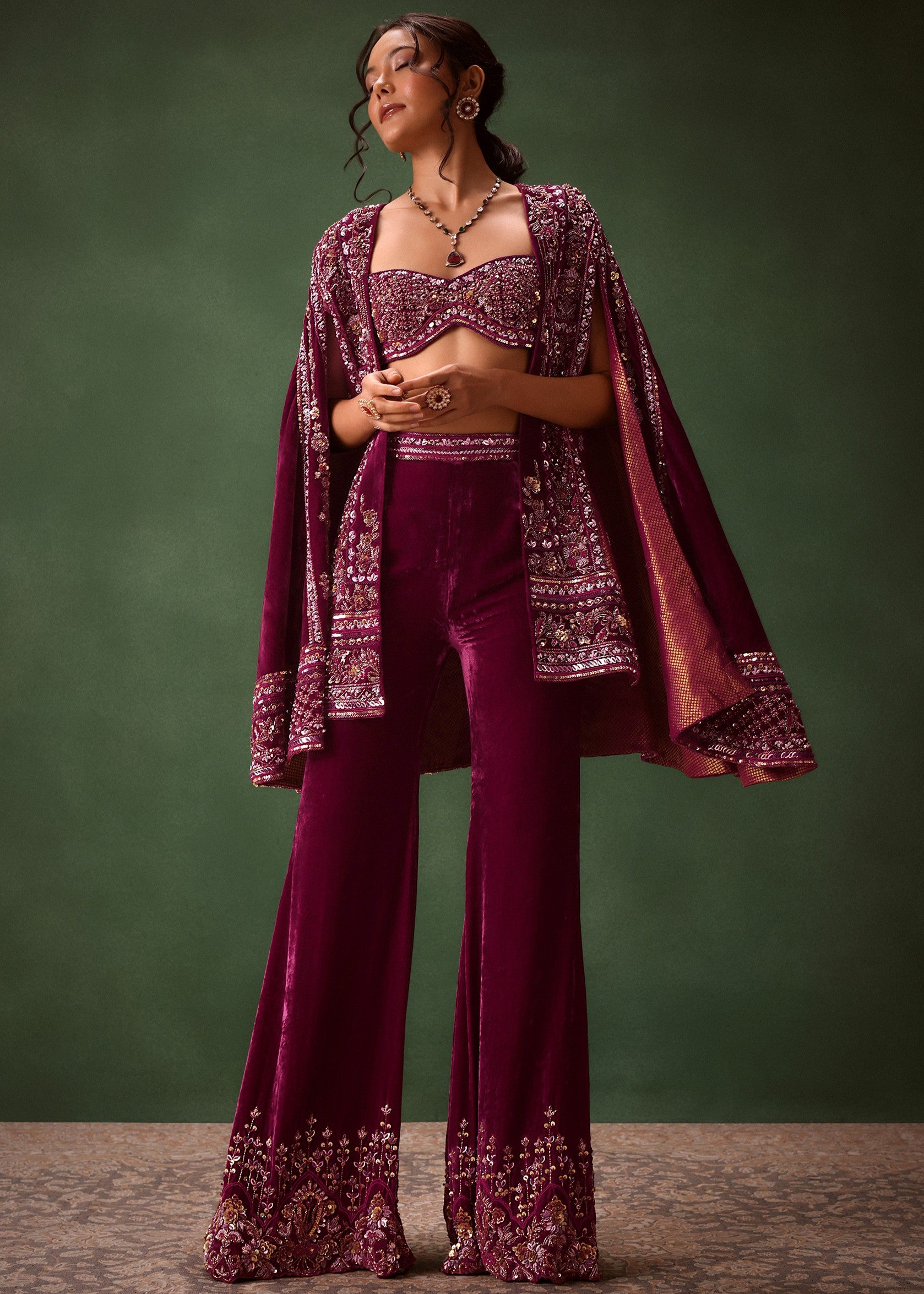 Deep Magenta Velvet Brocade Cape Jacket Suit