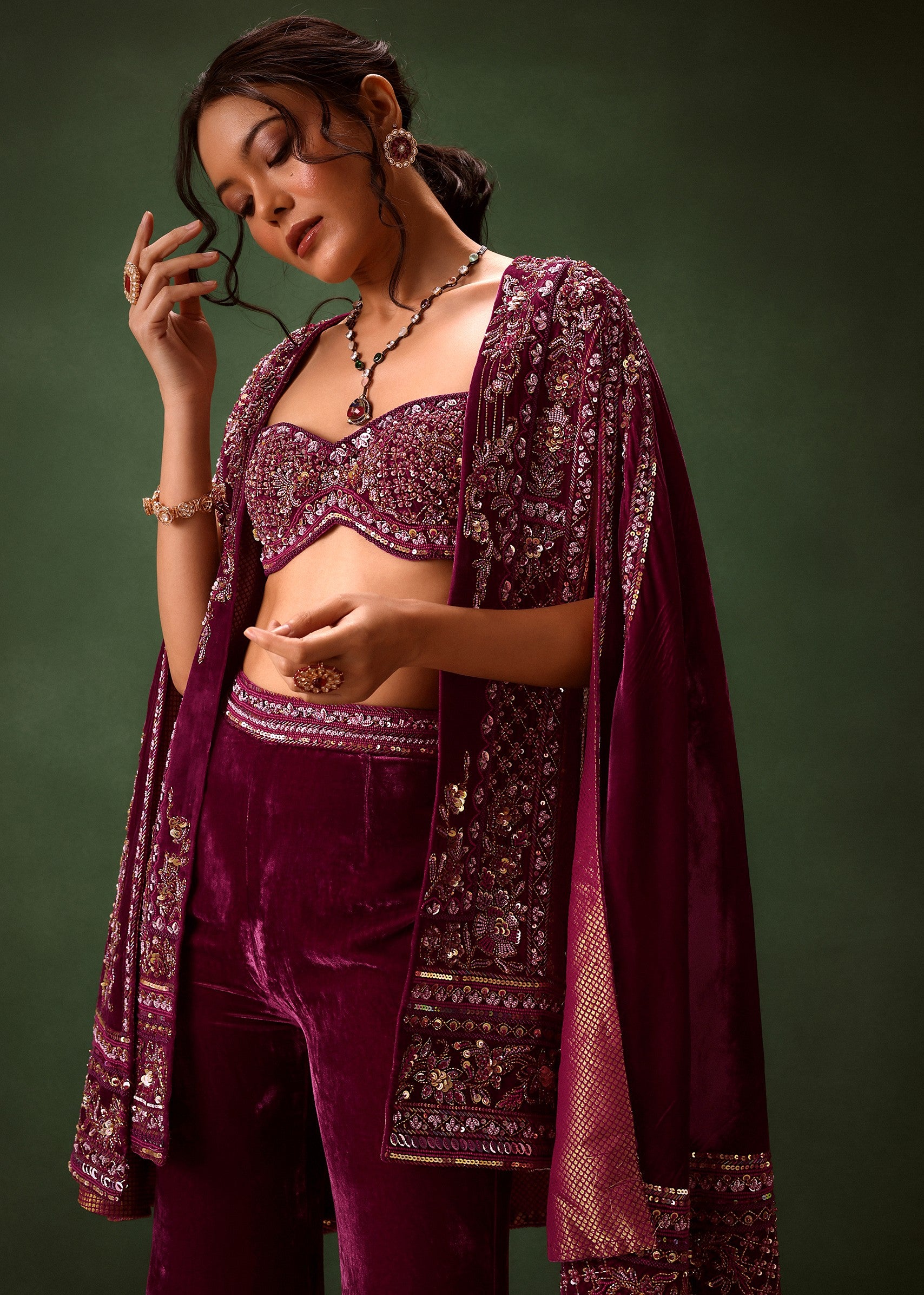 Deep Magenta Velvet Brocade Cape Jacket Suit