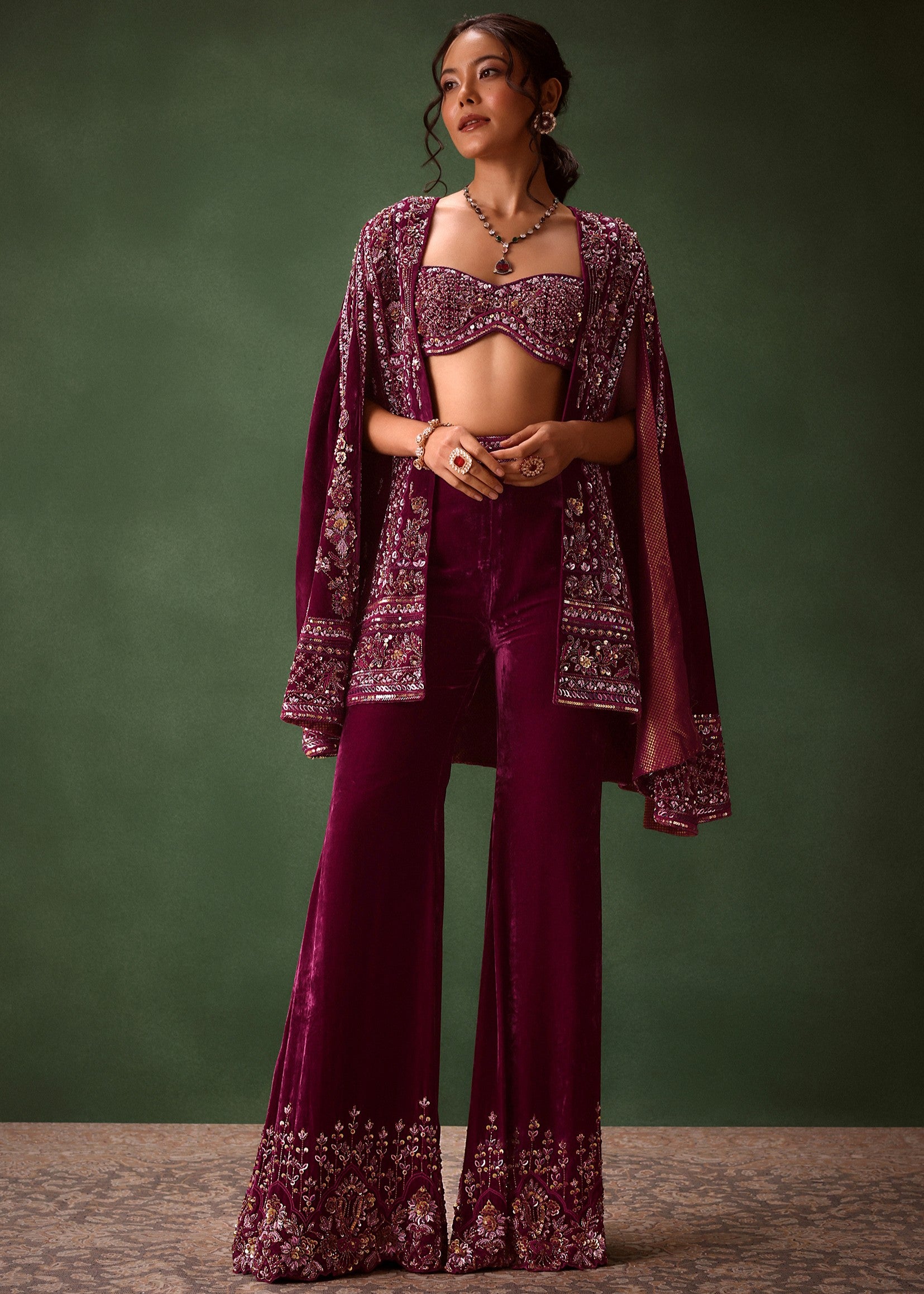 Deep Magenta Velvet Brocade Cape Jacket Suit