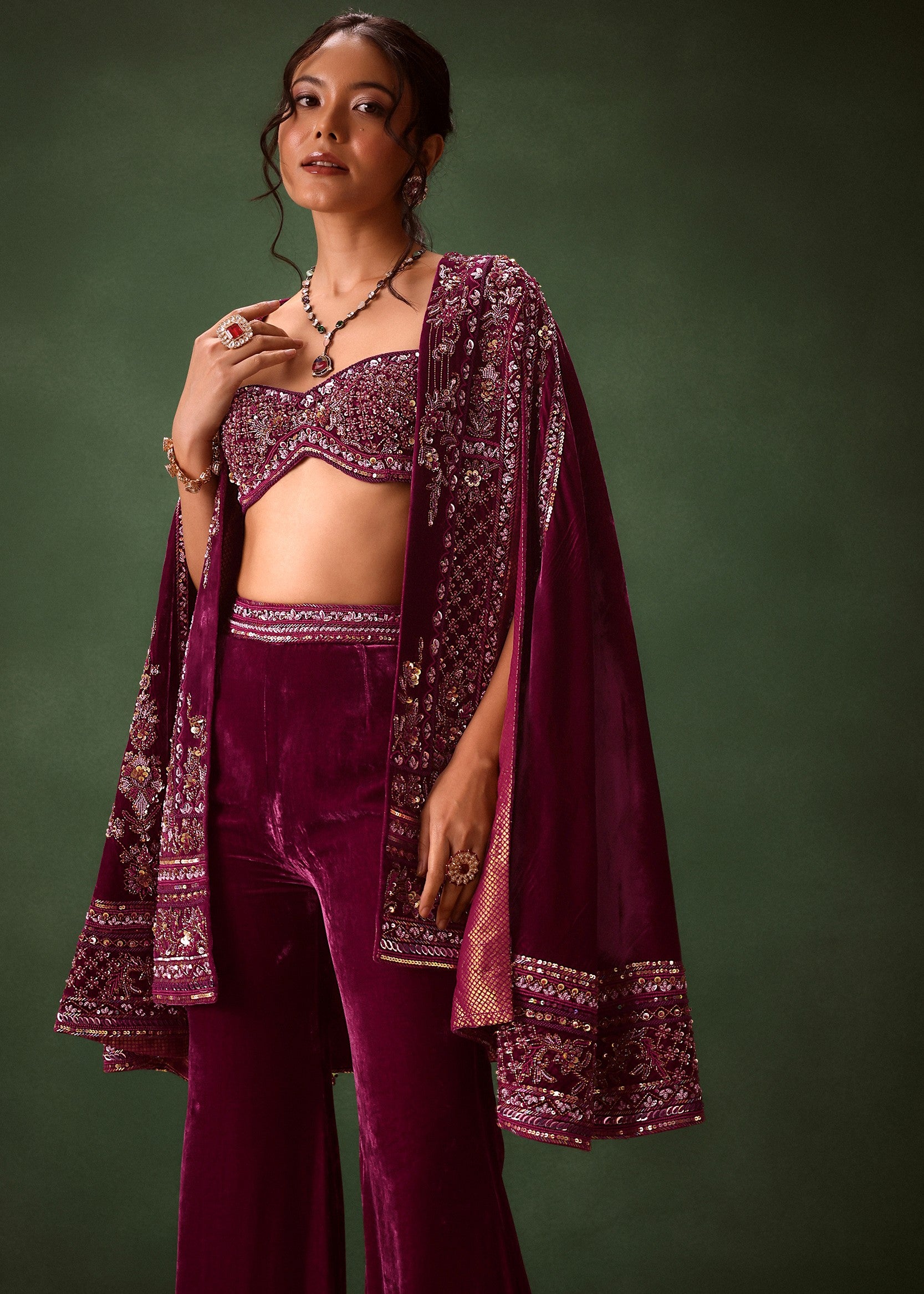 Deep Magenta Velvet Brocade Cape Jacket Suit