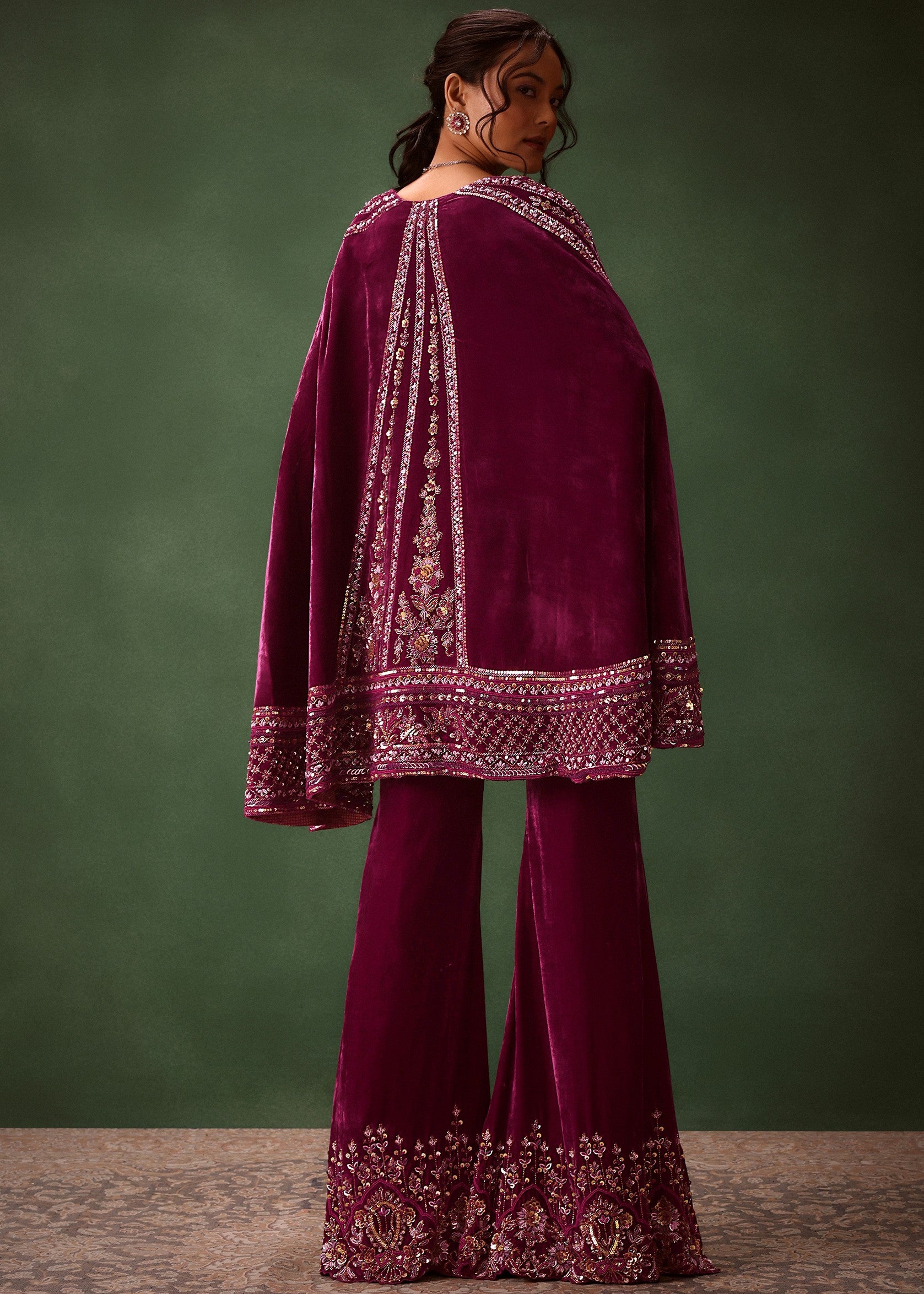 Deep Magenta Velvet Brocade Cape Jacket Suit