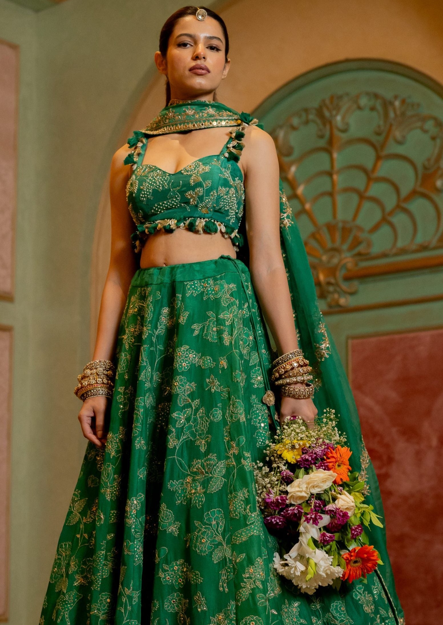 Emerald Green Jacquard Lehenga Set