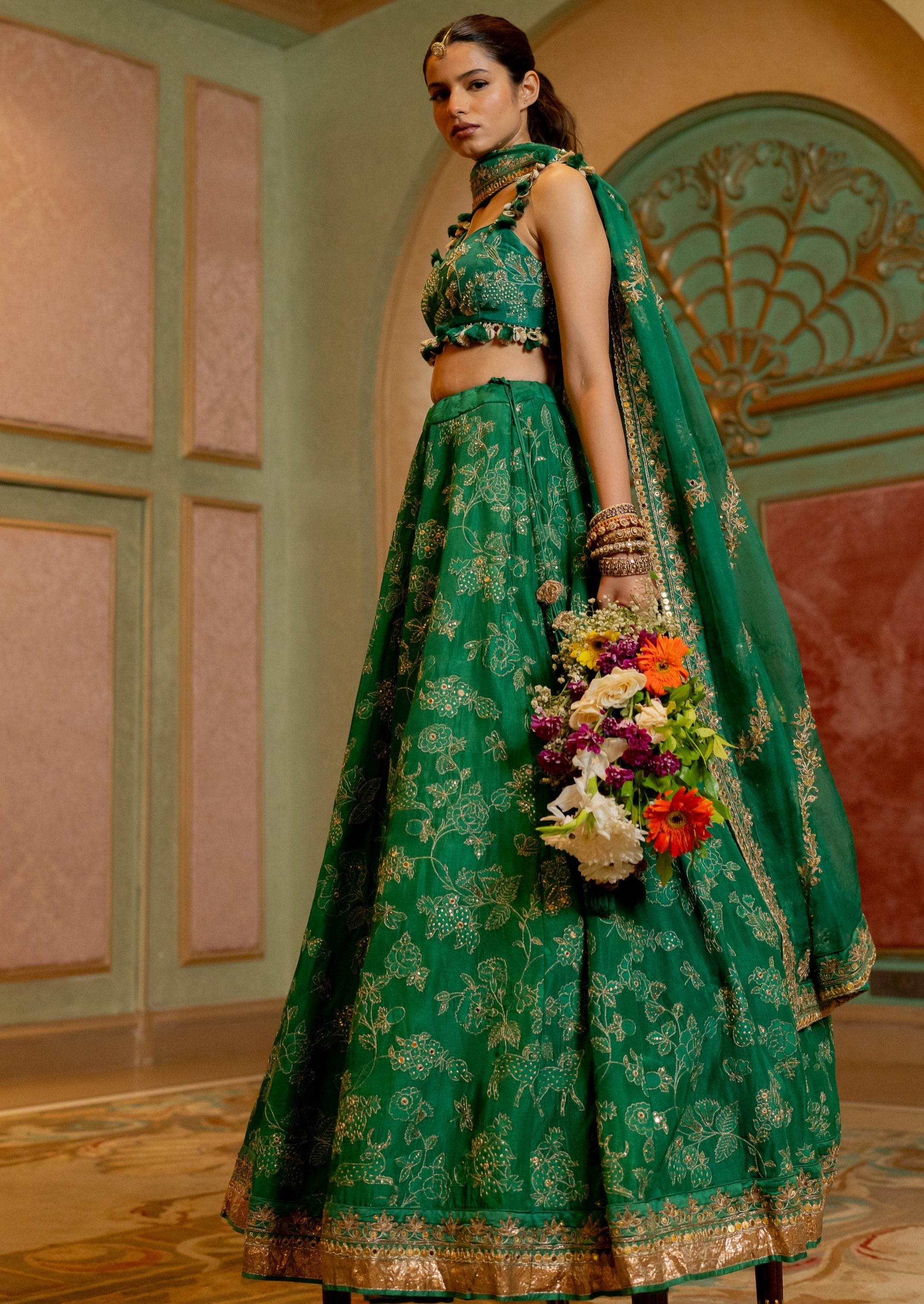 Emerald Green Jacquard Lehenga Set