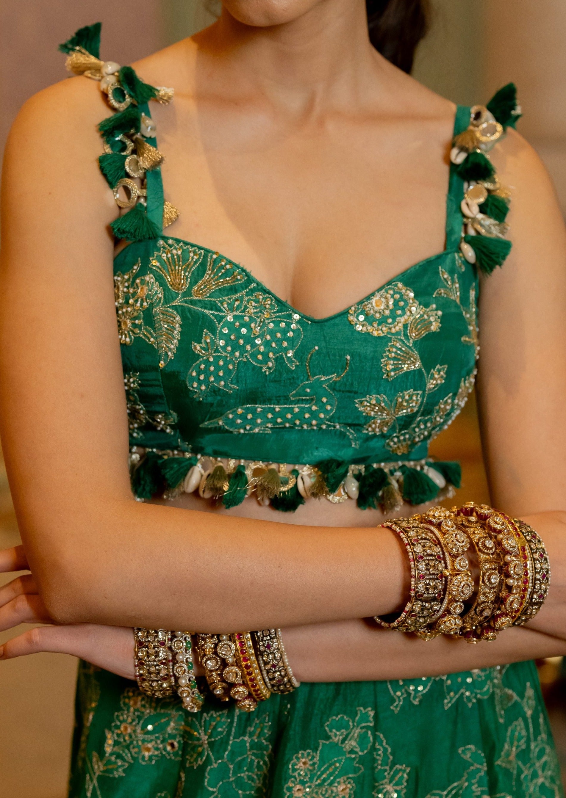 Emerald Green Jacquard Lehenga Set