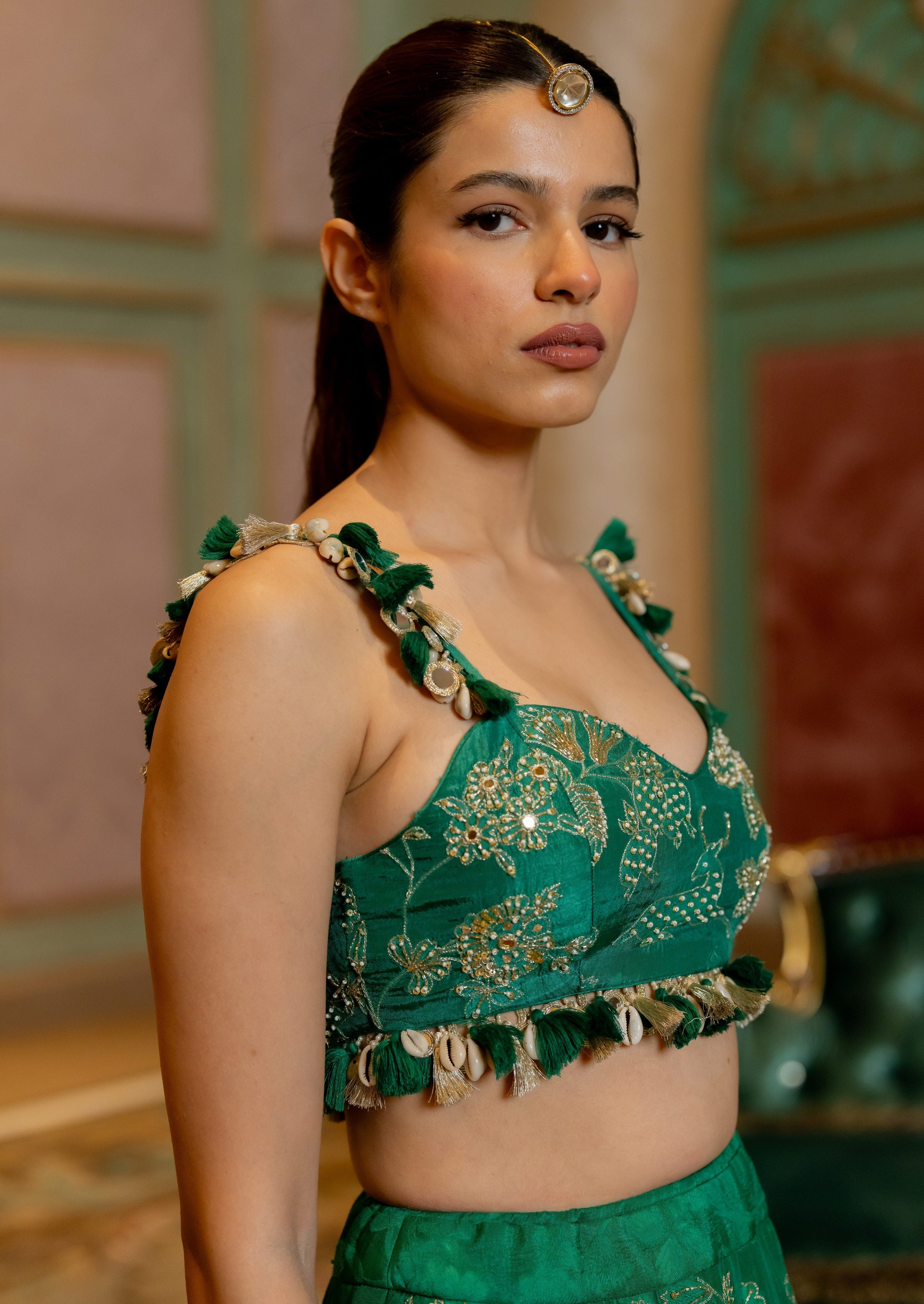 Emerald Green Jacquard Lehenga Set