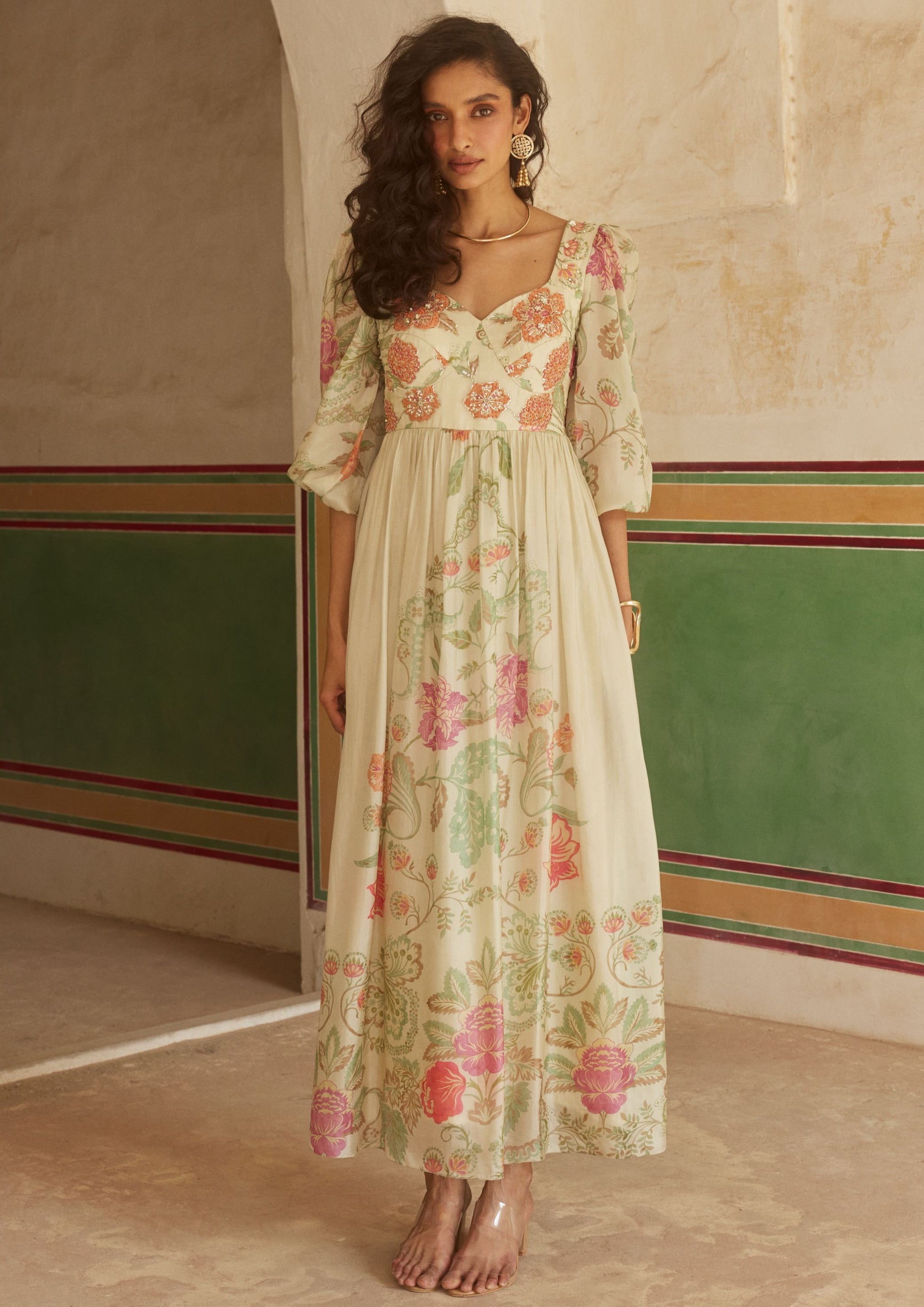 Elegant Floral Printed Corset Maxi Dress
