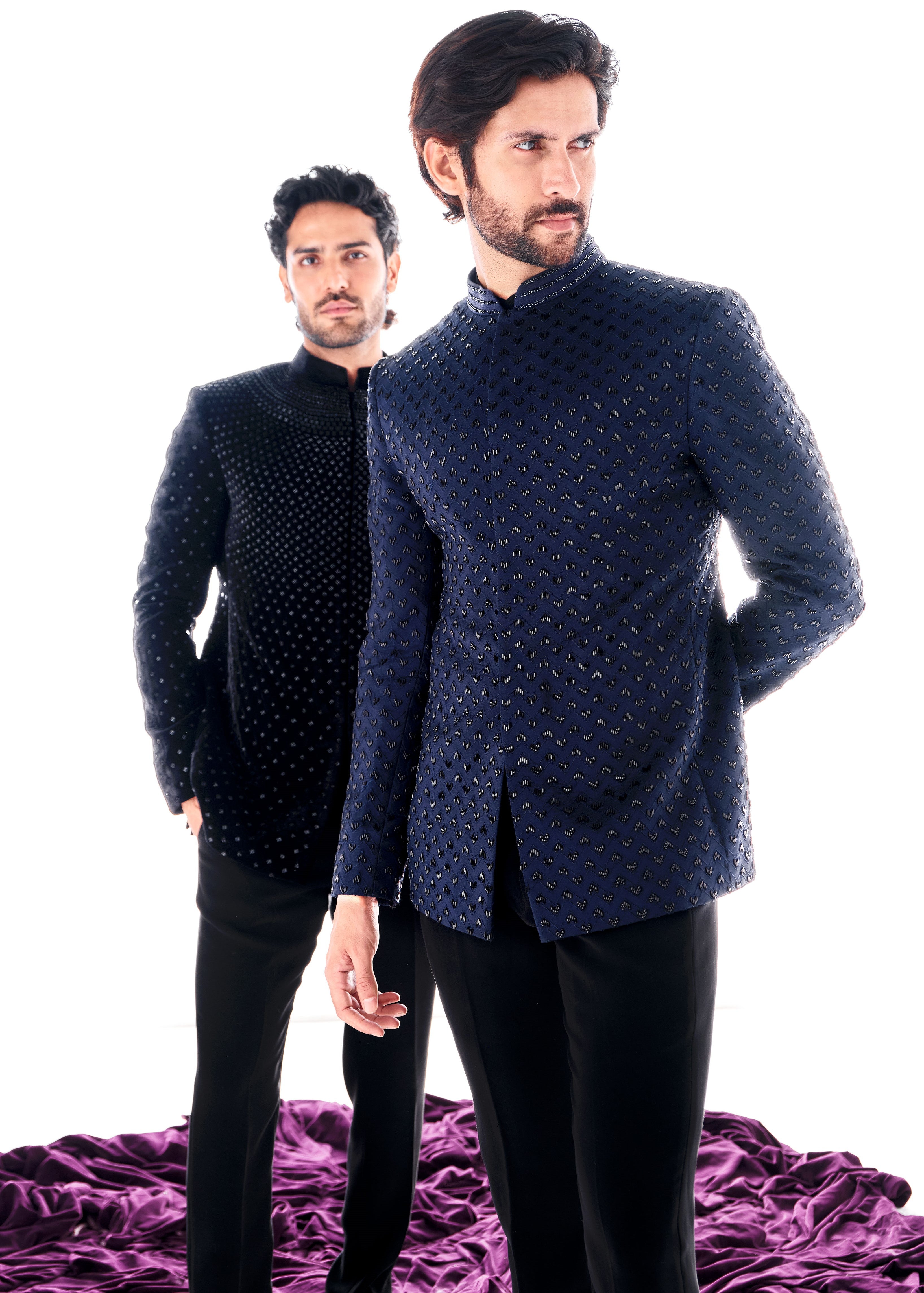 Navy Blue Chevron Bandhgala