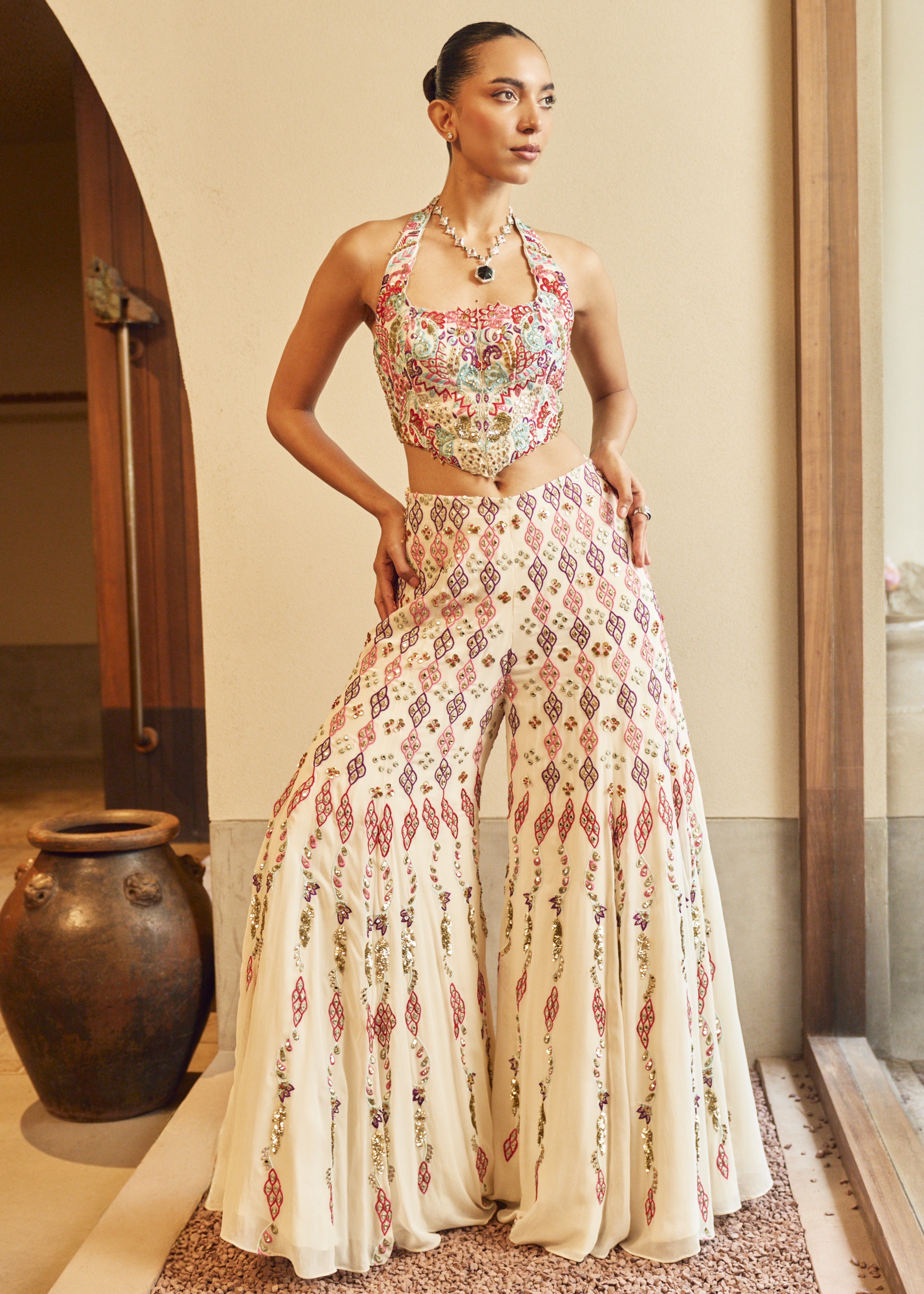 Ivory High Waist Sharara Paired with Corset Top
