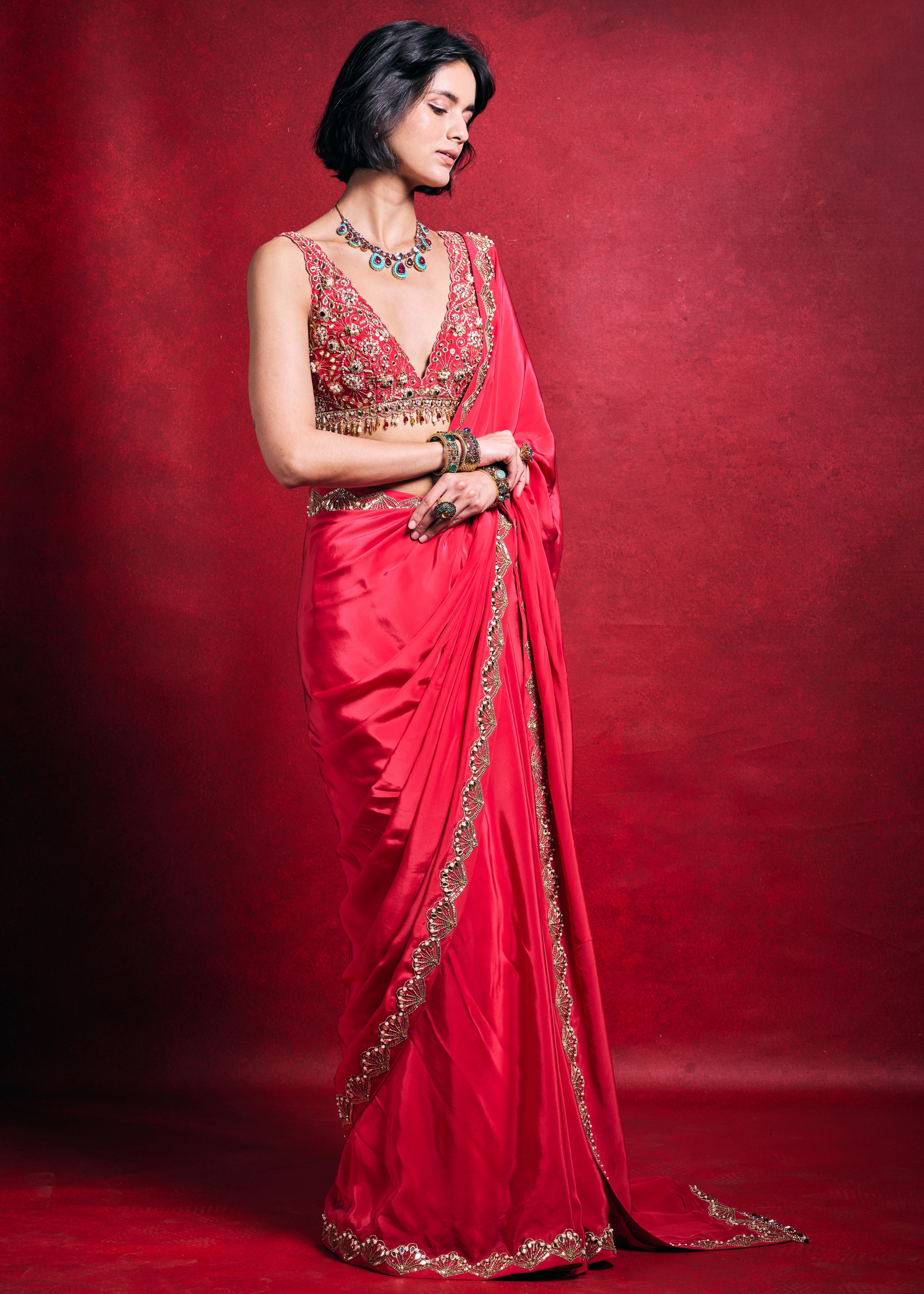 Fuscia Pink Crepe Sari
