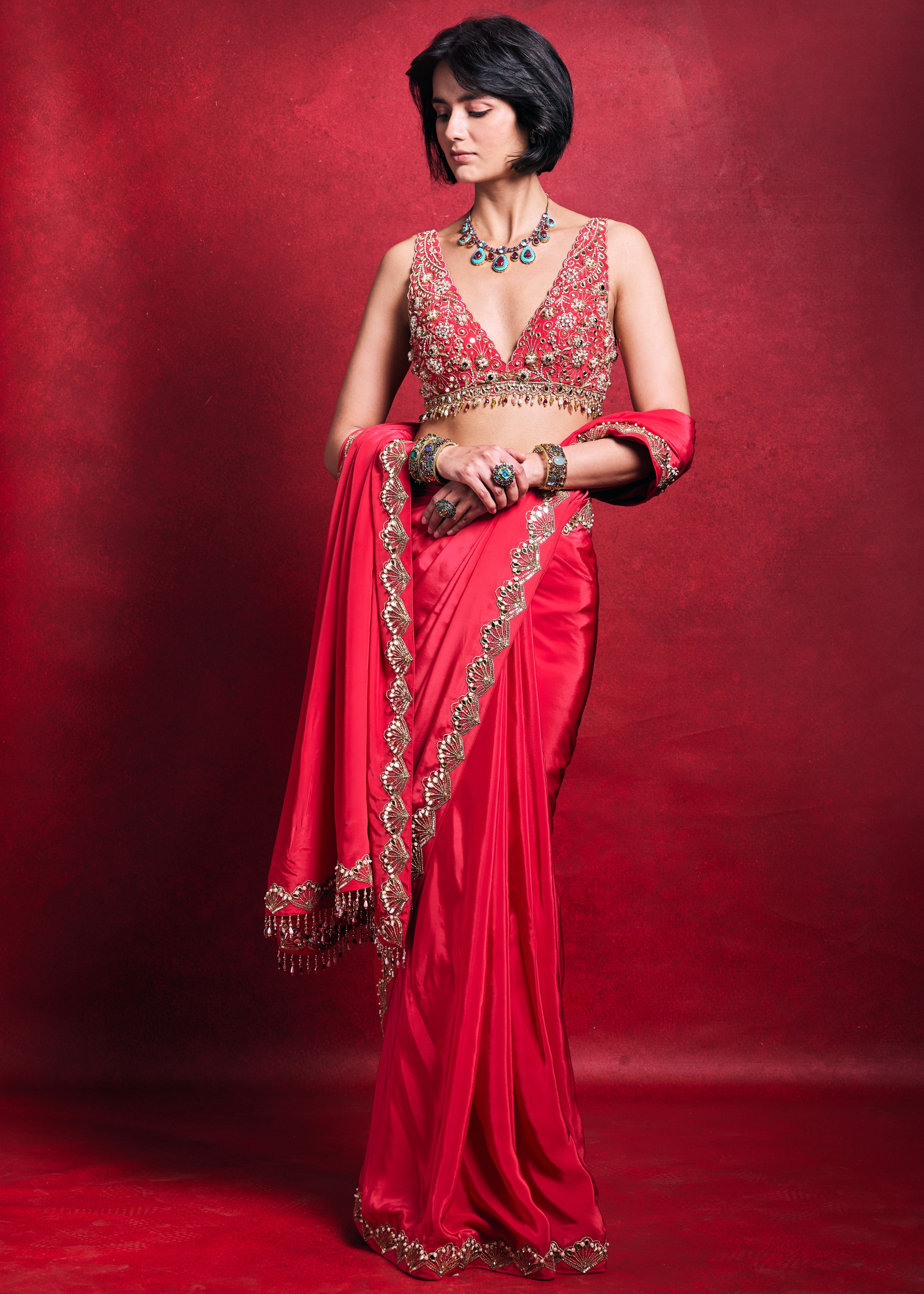 Fuscia Pink Crepe Sari