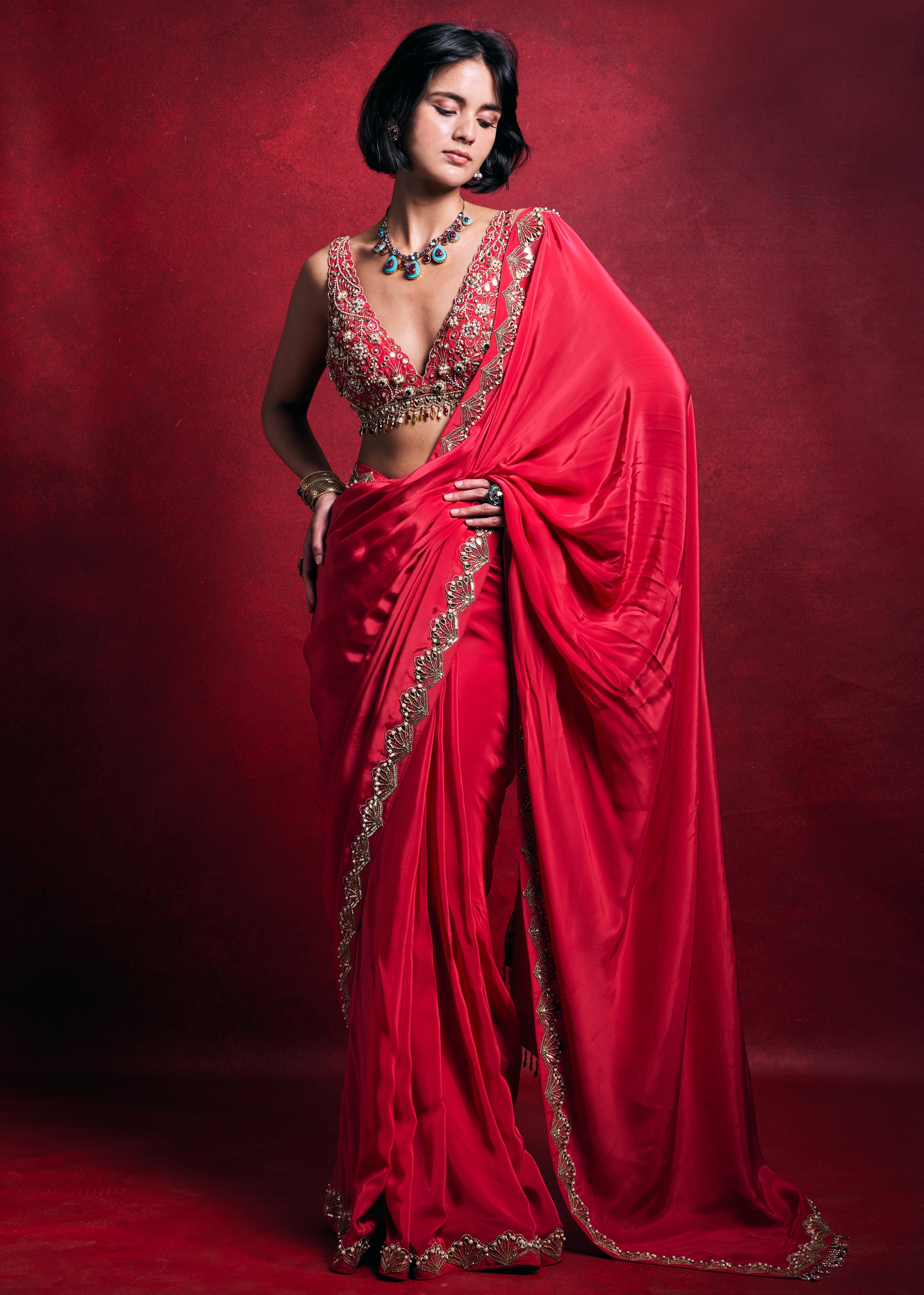 Fuscia Pink Crepe Sari