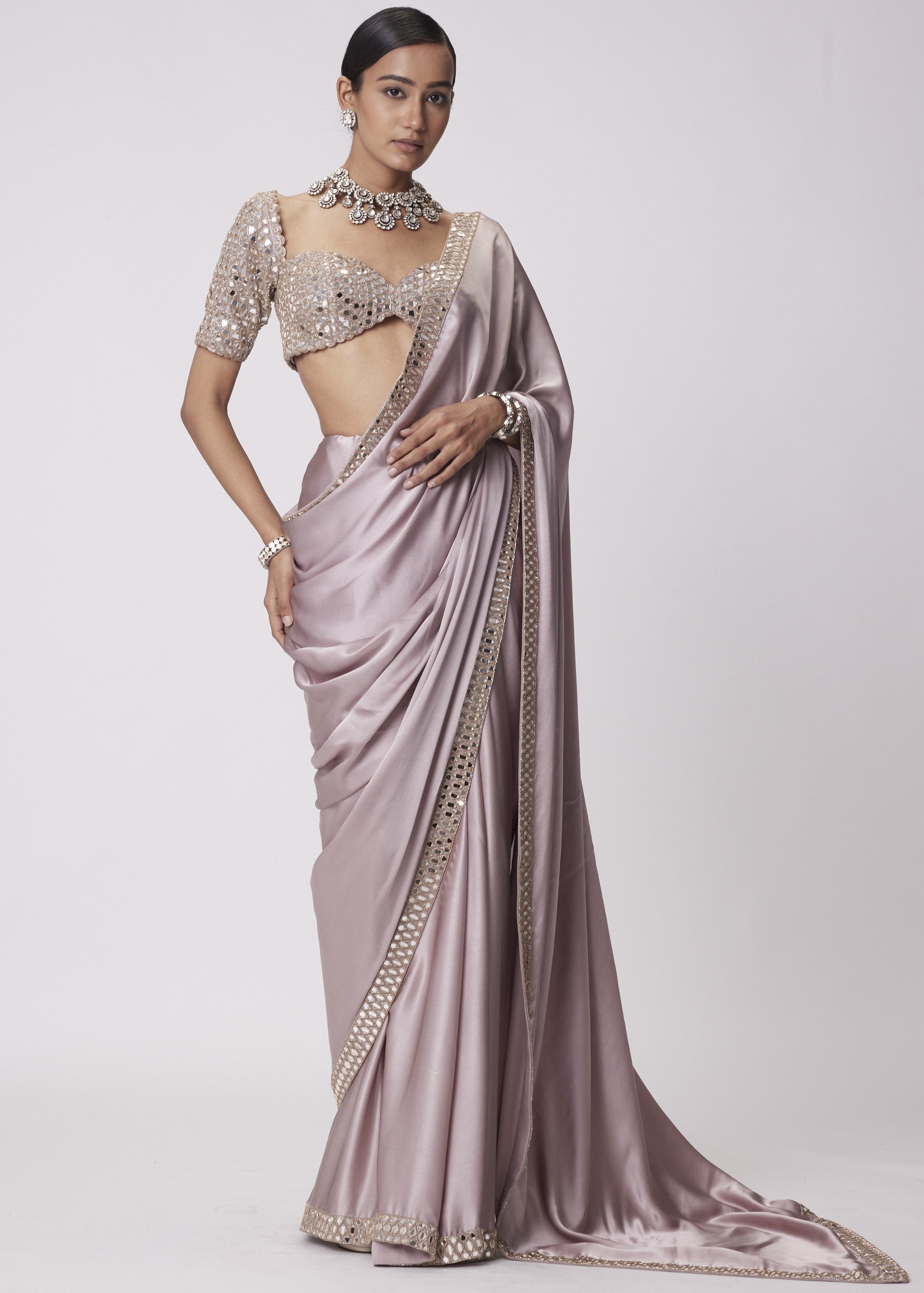 Ash Pink Satin Sari Set