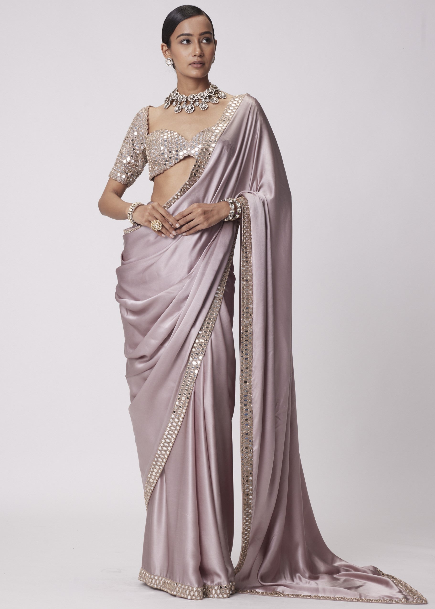 Ash Pink Satin Sari Set