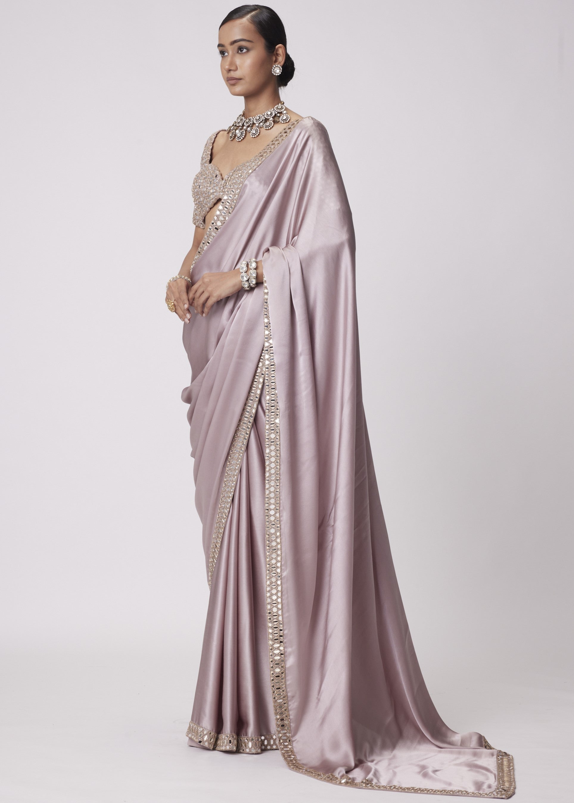 Ash Pink Satin Sari Set