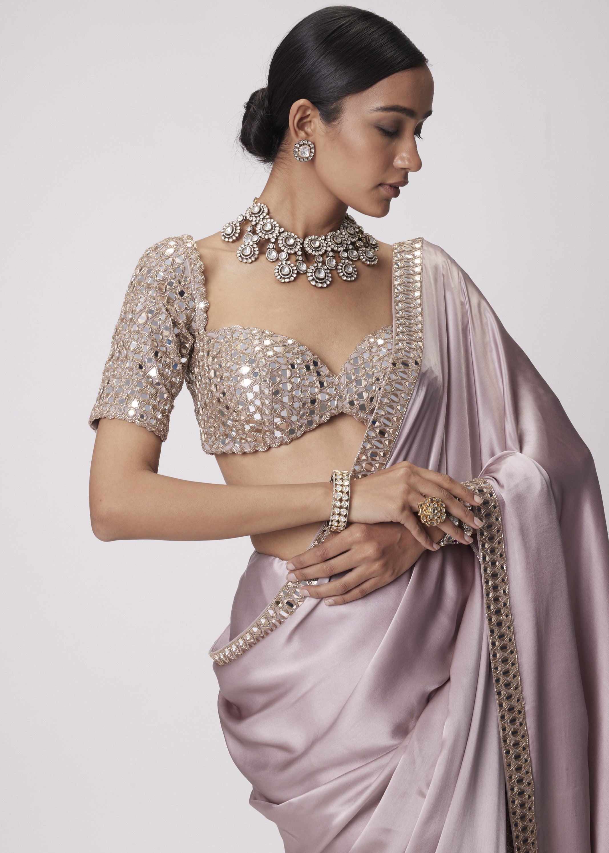 Ash Pink Satin Sari Set