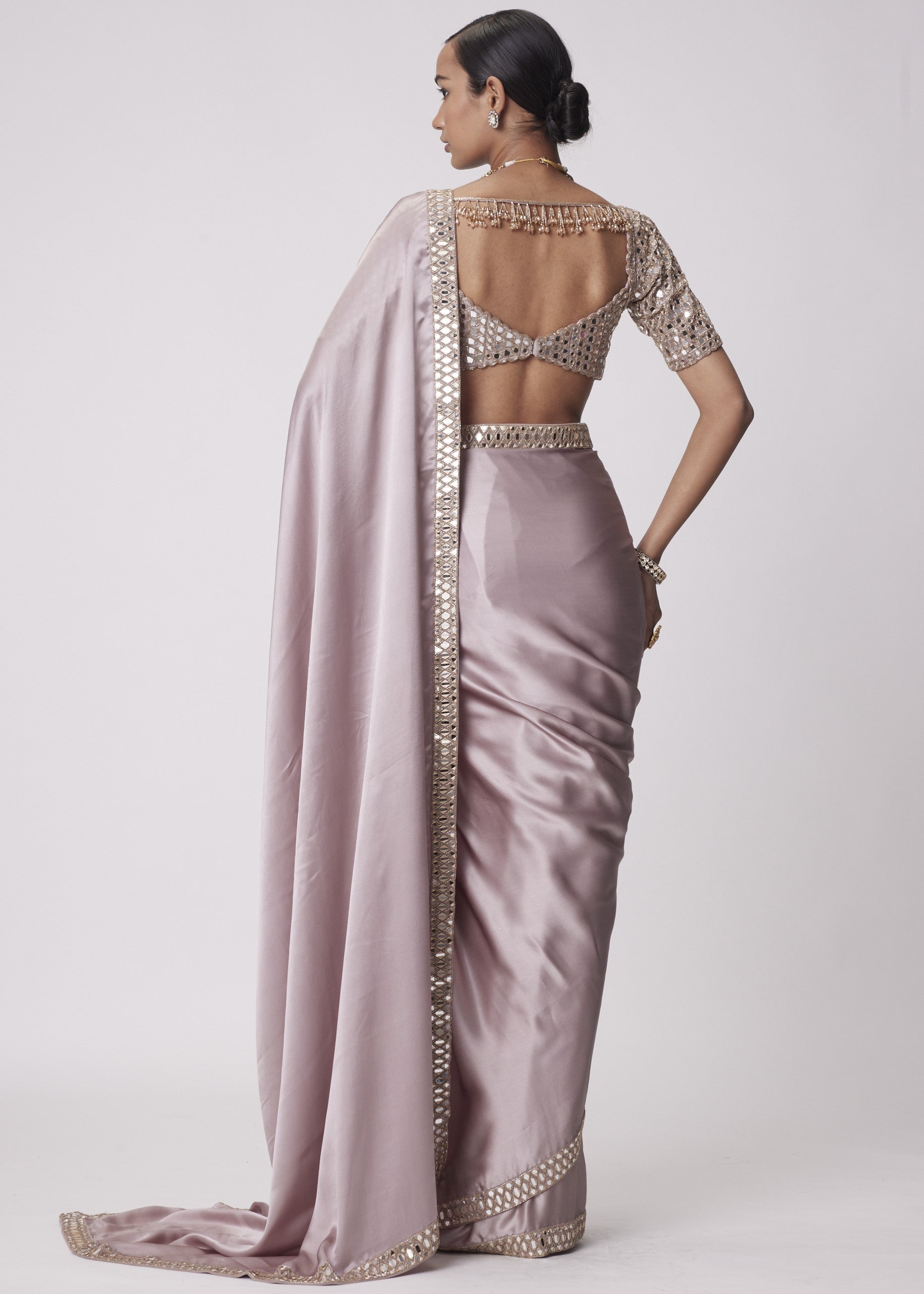 Ash Pink Satin Sari Set