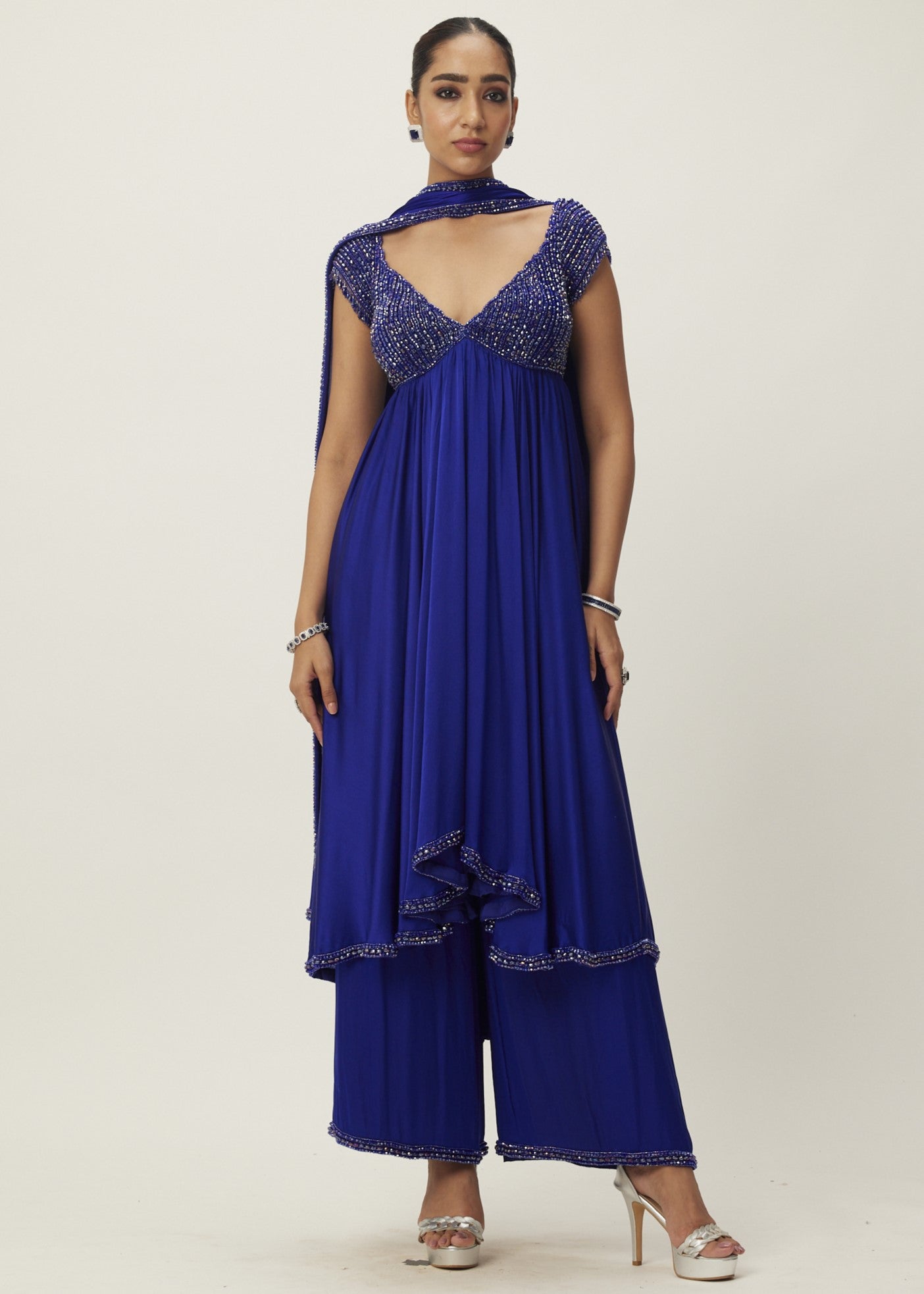 Cocktail Blue Crystal Beaded Kurta Set