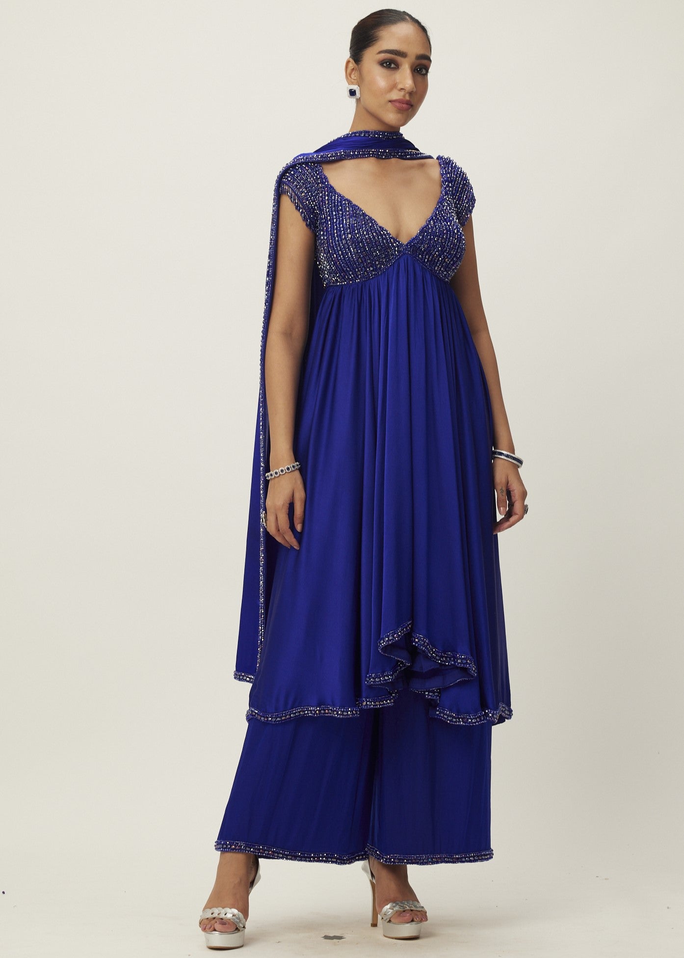Cocktail Blue Crystal Beaded Kurta Set