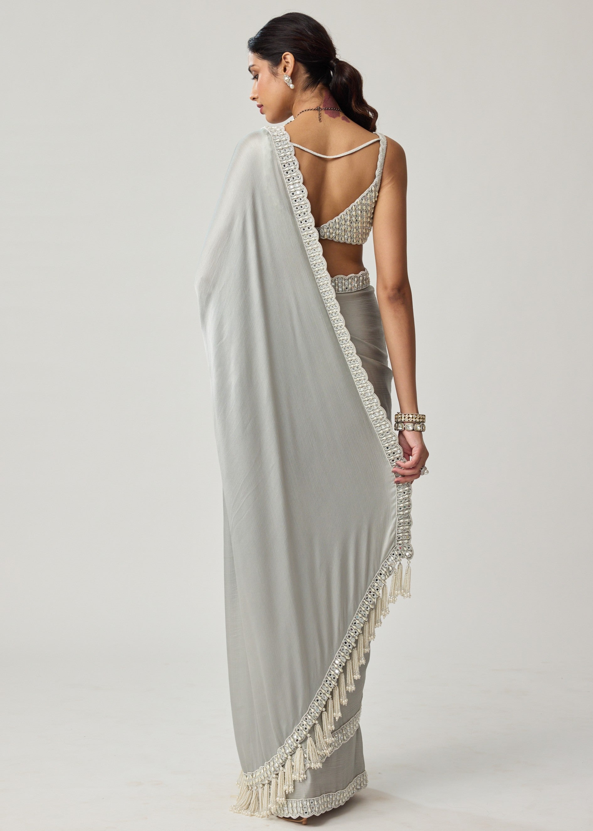 Powder Grey Chiffon Pearl And Mirror Sari Set