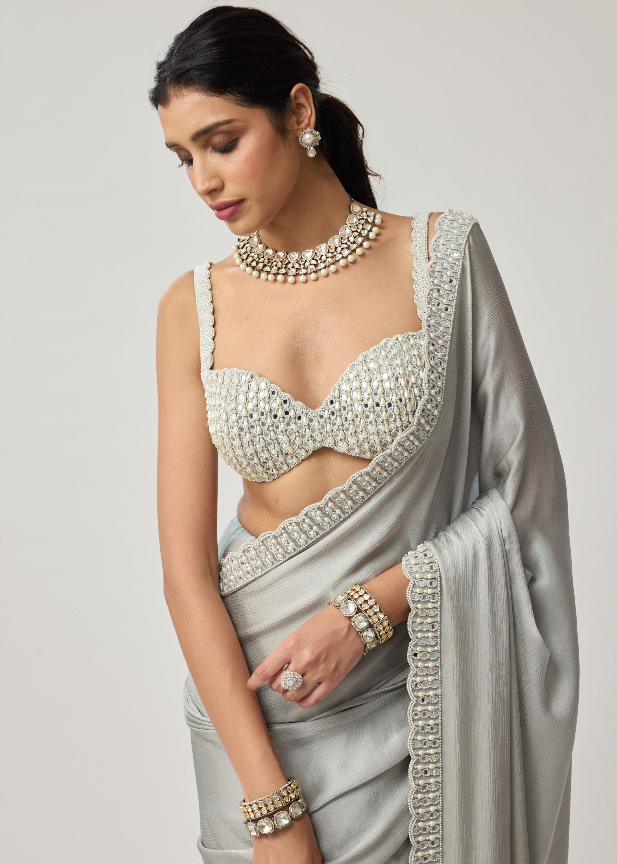 Powder Grey Chiffon Pearl And Mirror Sari Set